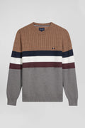 Regular camel fancy knit cotton crew neck jumper