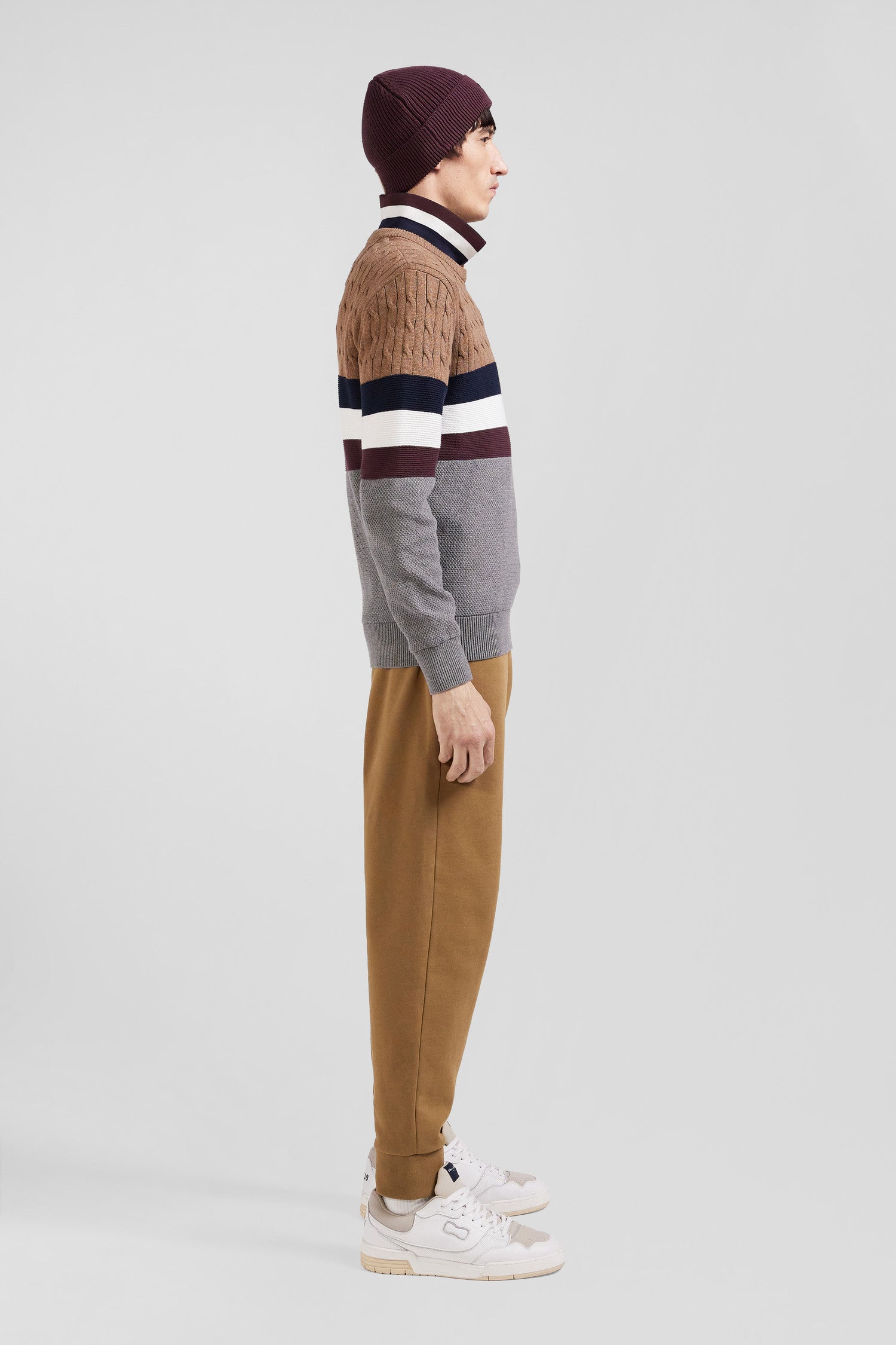 Regular camel fancy knit cotton crew neck jumper