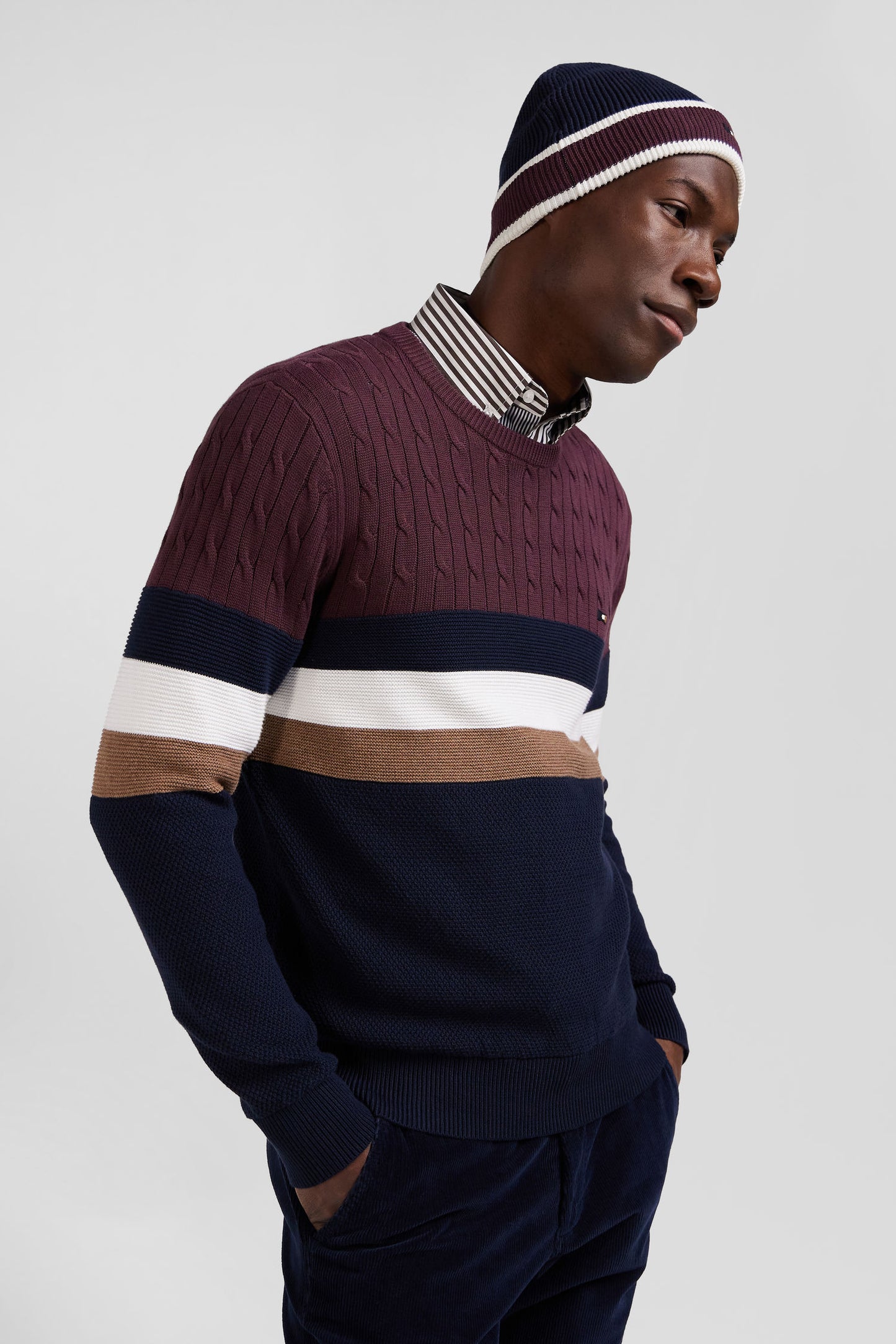 Regular burgundy fancy knit cotton crew neck jumper