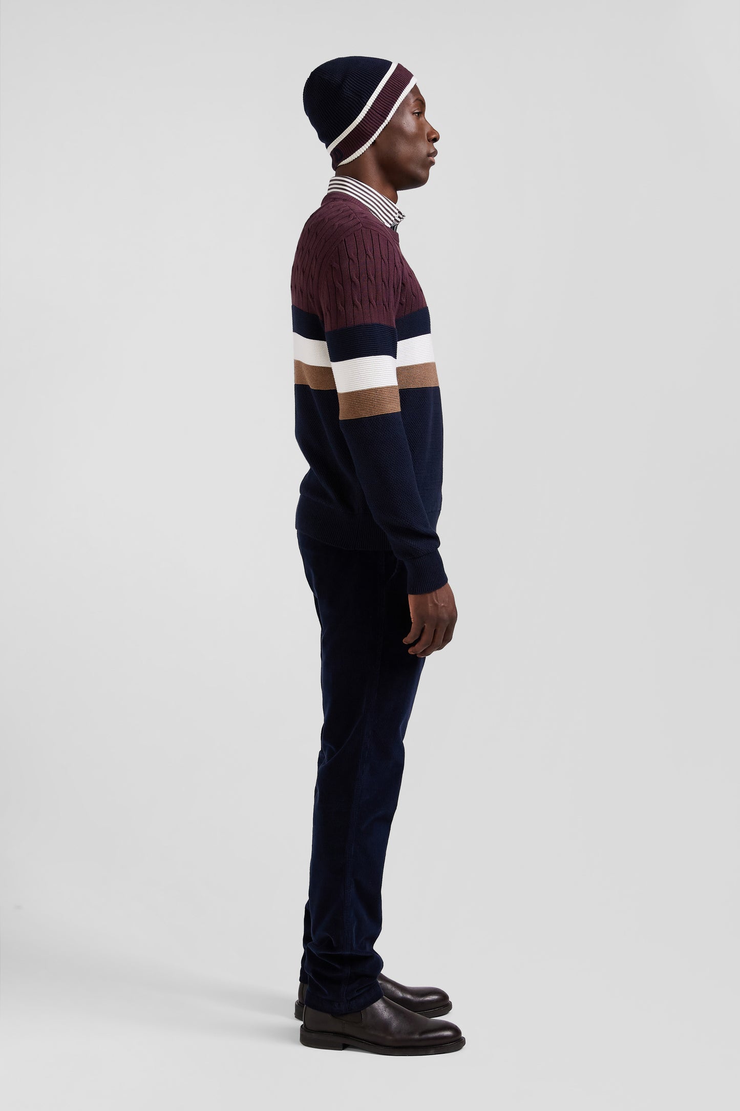 Regular burgundy fancy knit cotton crew neck jumper