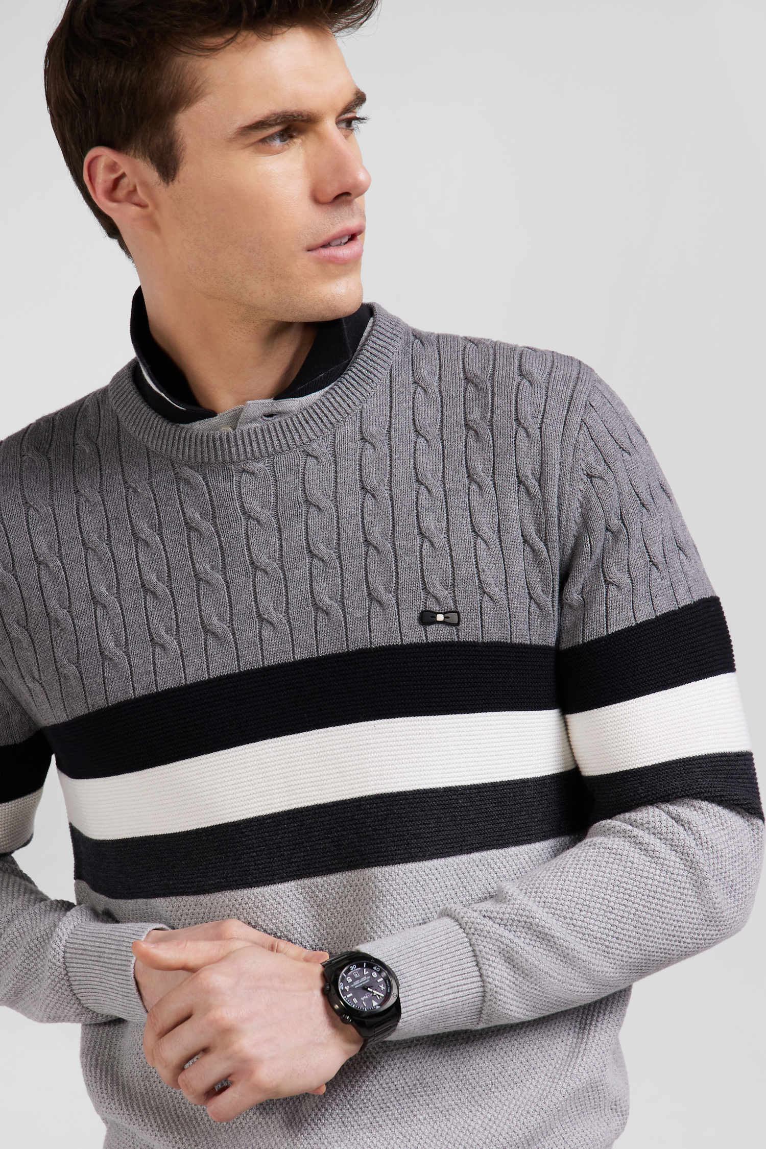 Regular grey fancy knit cotton crew neck jumper