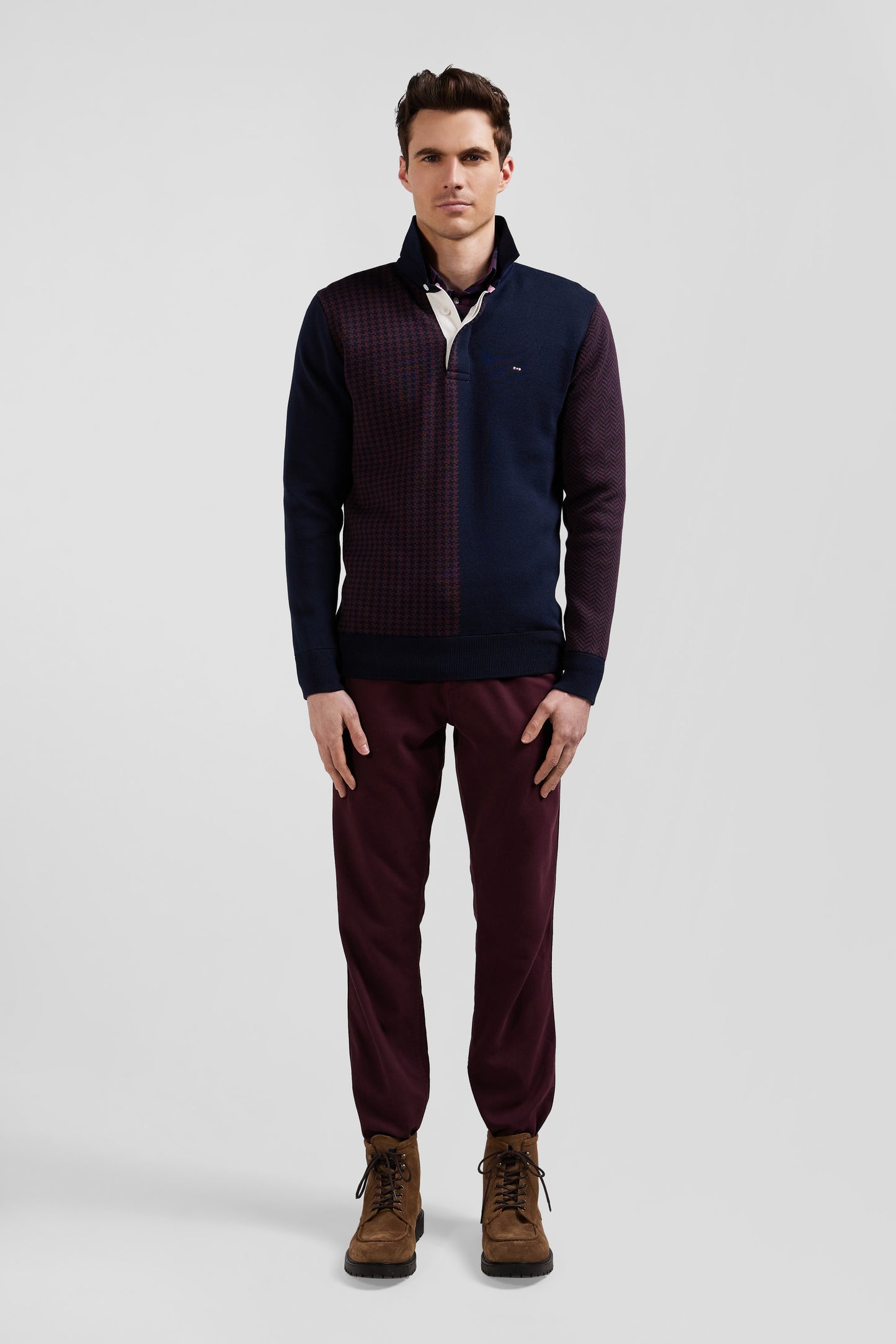 Regular burgundy cotton jumper with houndstooth jacquard and rugby shirt collar