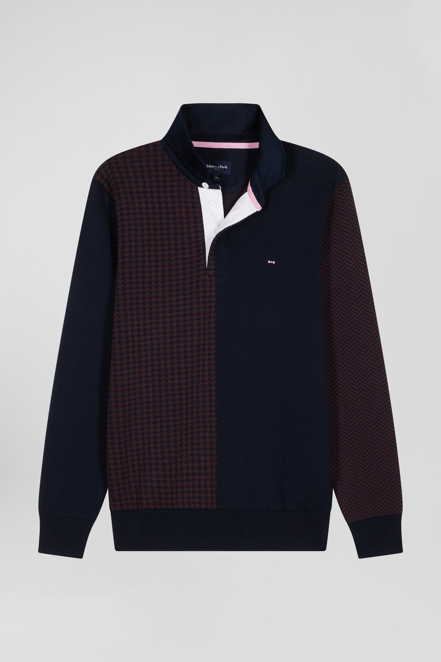 Regular burgundy cotton jumper with houndstooth jacquard and rugby shirt collar