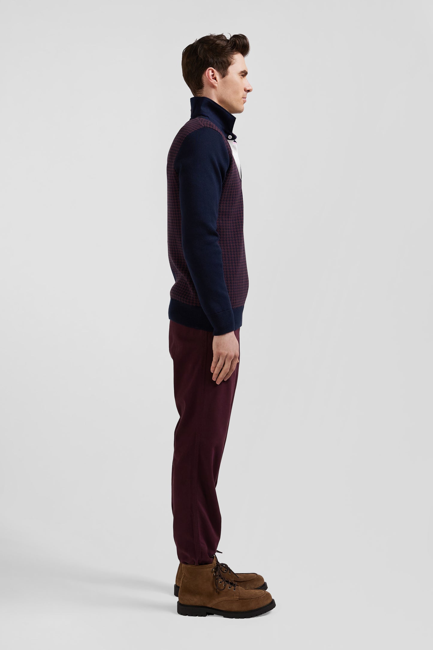 Regular burgundy cotton jumper with houndstooth jacquard and rugby shirt collar