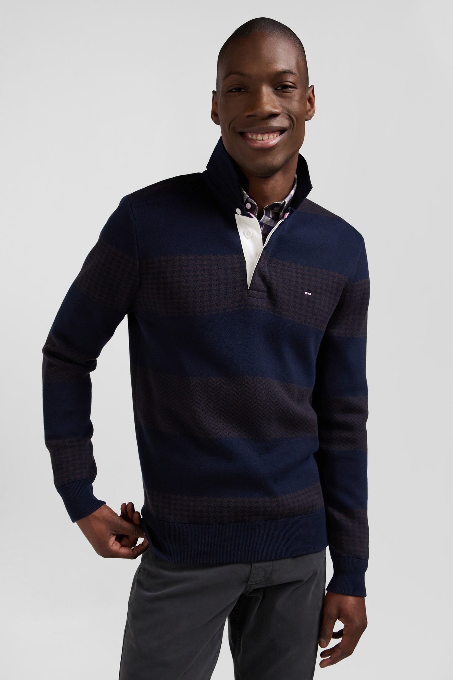 Regular brown striped cotton jumper with houndstooth jacquard and rugby shirt collar