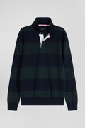 Regular green striped cotton jersey jumper with houndstooth jacquard and and rugby shirt collar