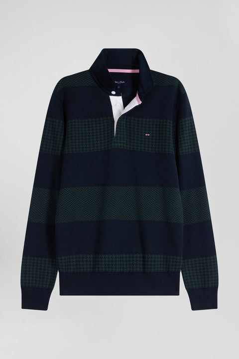 Regular green striped cotton jersey jumper with houndstooth jacquard and and rugby shirt collar - Image 2