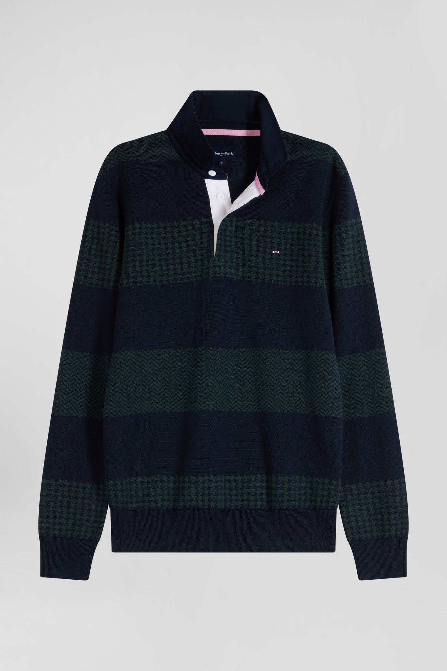 Regular green striped cotton jersey jumper with houndstooth jacquard and and rugby shirt collar