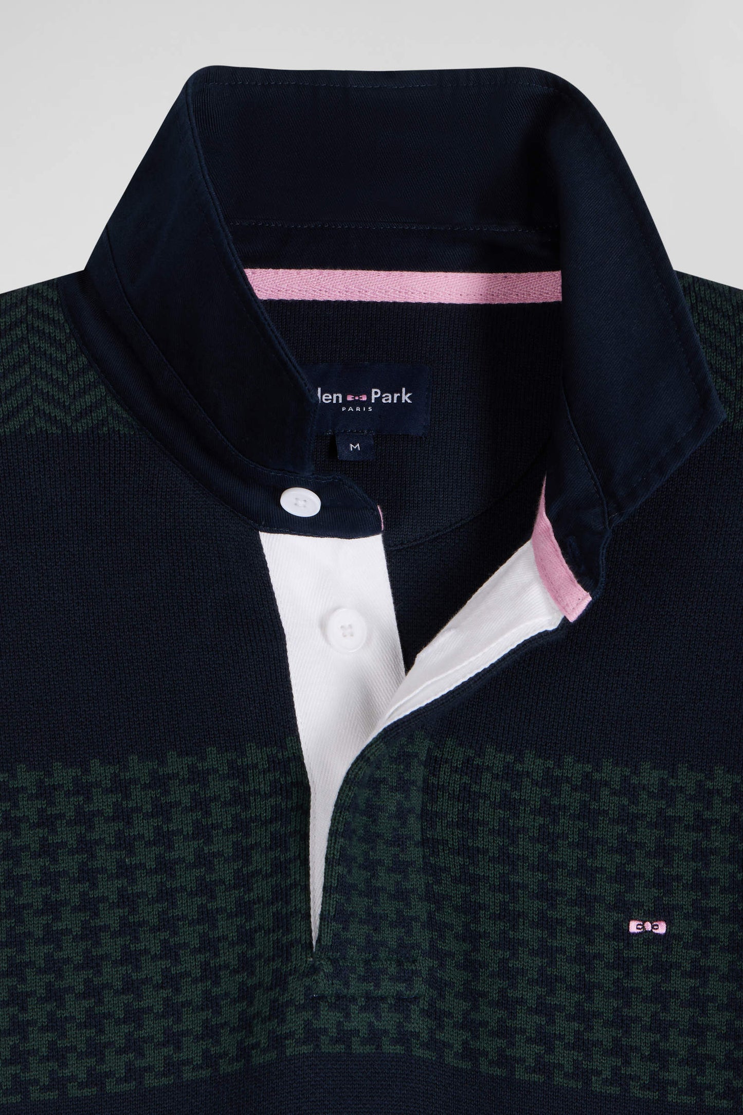 Regular green striped cotton jersey jumper with houndstooth jacquard and and rugby shirt collar