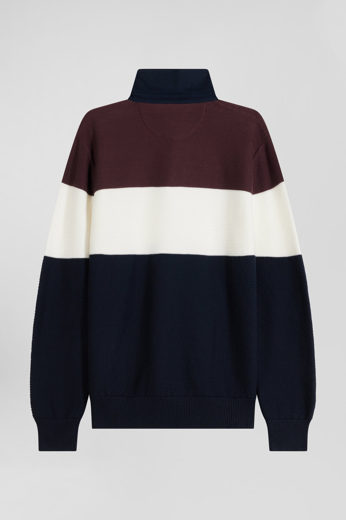 Regular burgundy wool and cotton jumper with knit patterns and rugby shirt collar