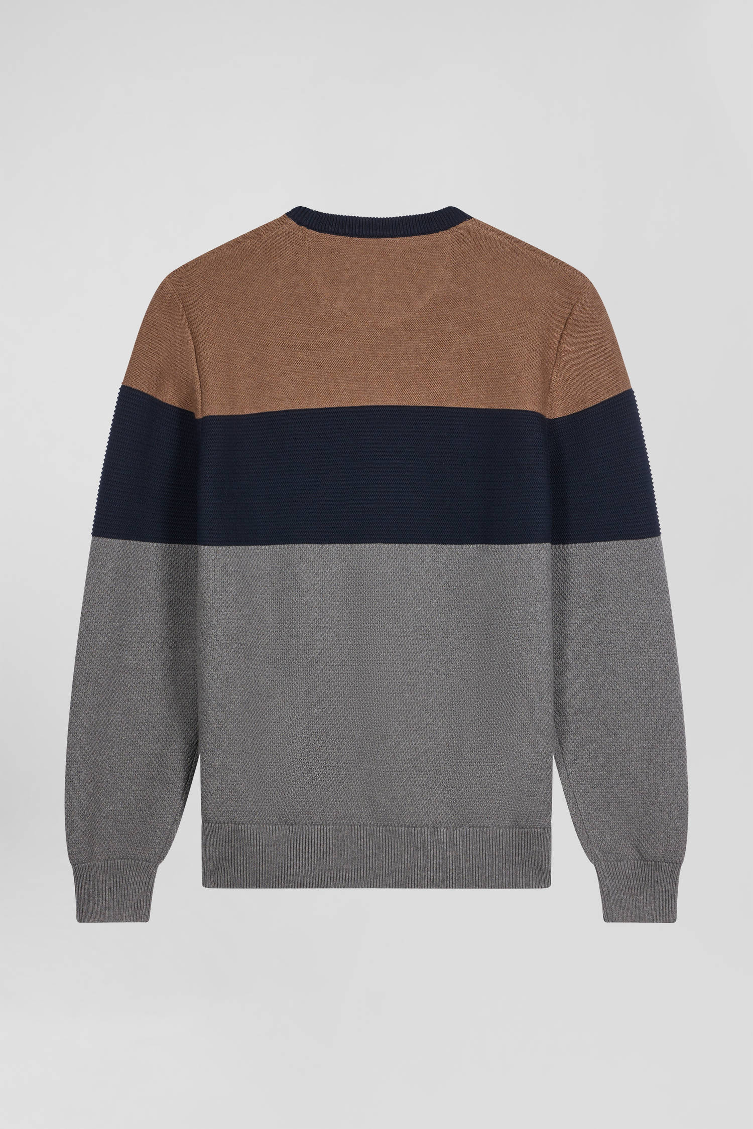 Regular grey and camel cotton crew neck jumper with knit patterns