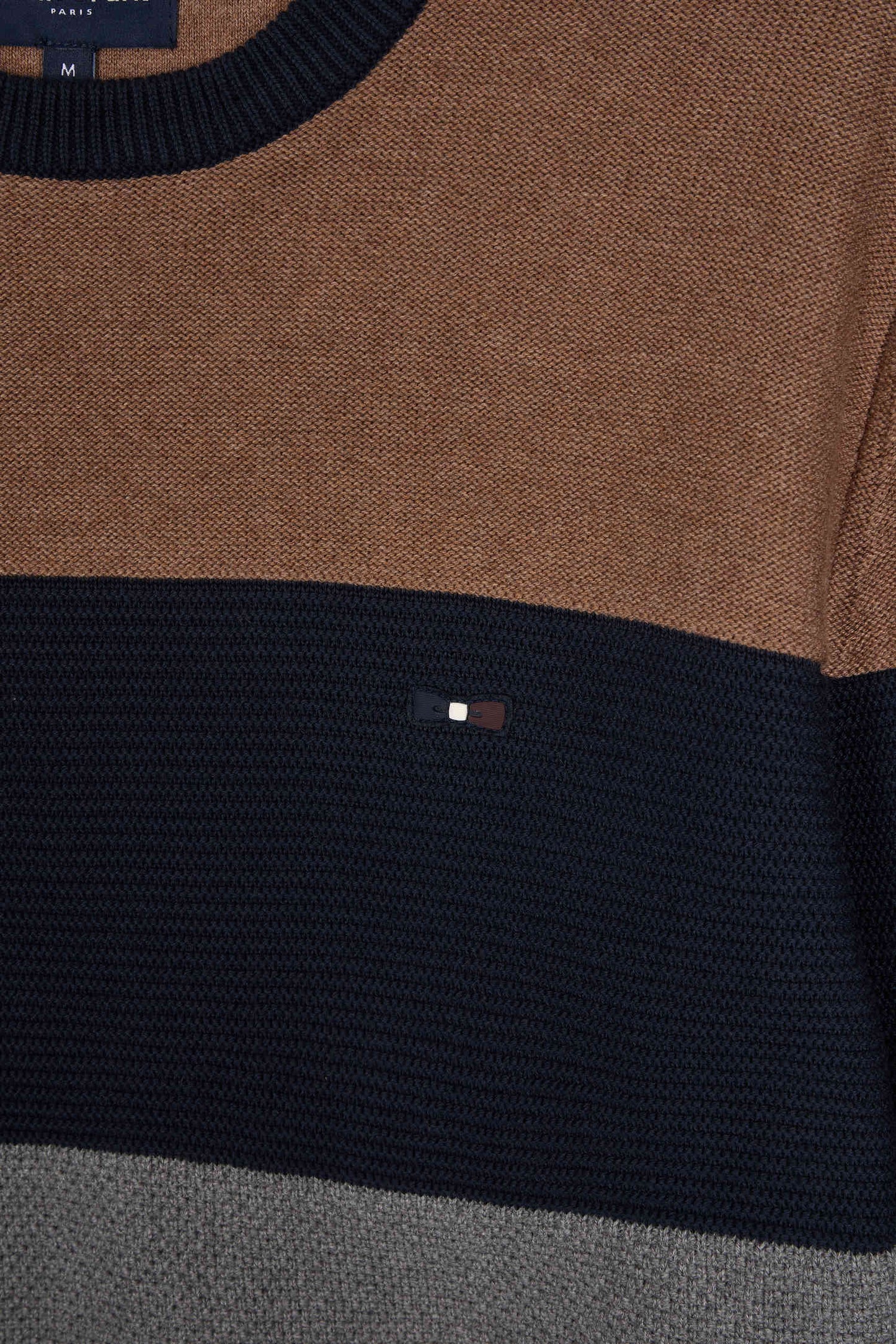 Round-neck sweater in grey and hazelnut cotton with regular-cut knits