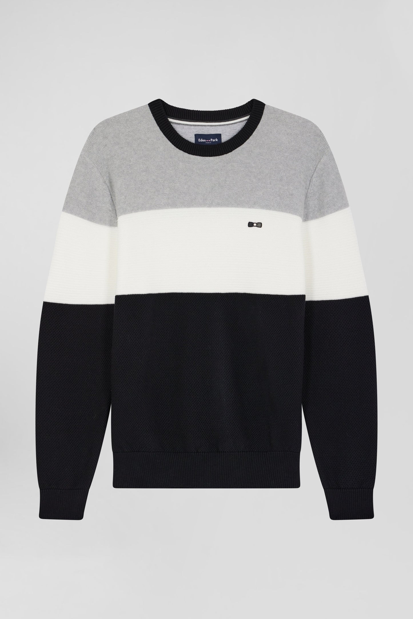 Regular grey and white cotton crew neck jumper with knit patterns