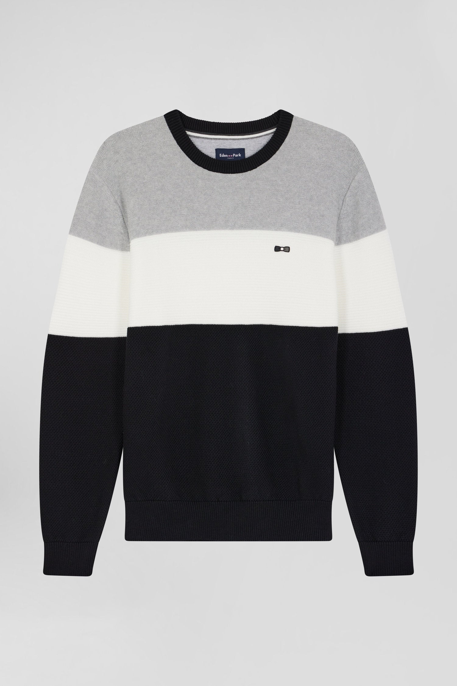 Regular grey and white cotton crew neck jumper with knit patterns