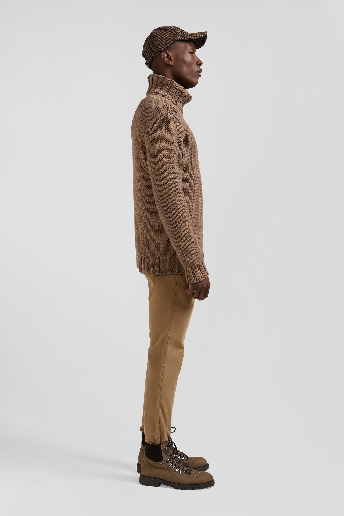 Regular brown wool and cotton blend turtleneck jumper