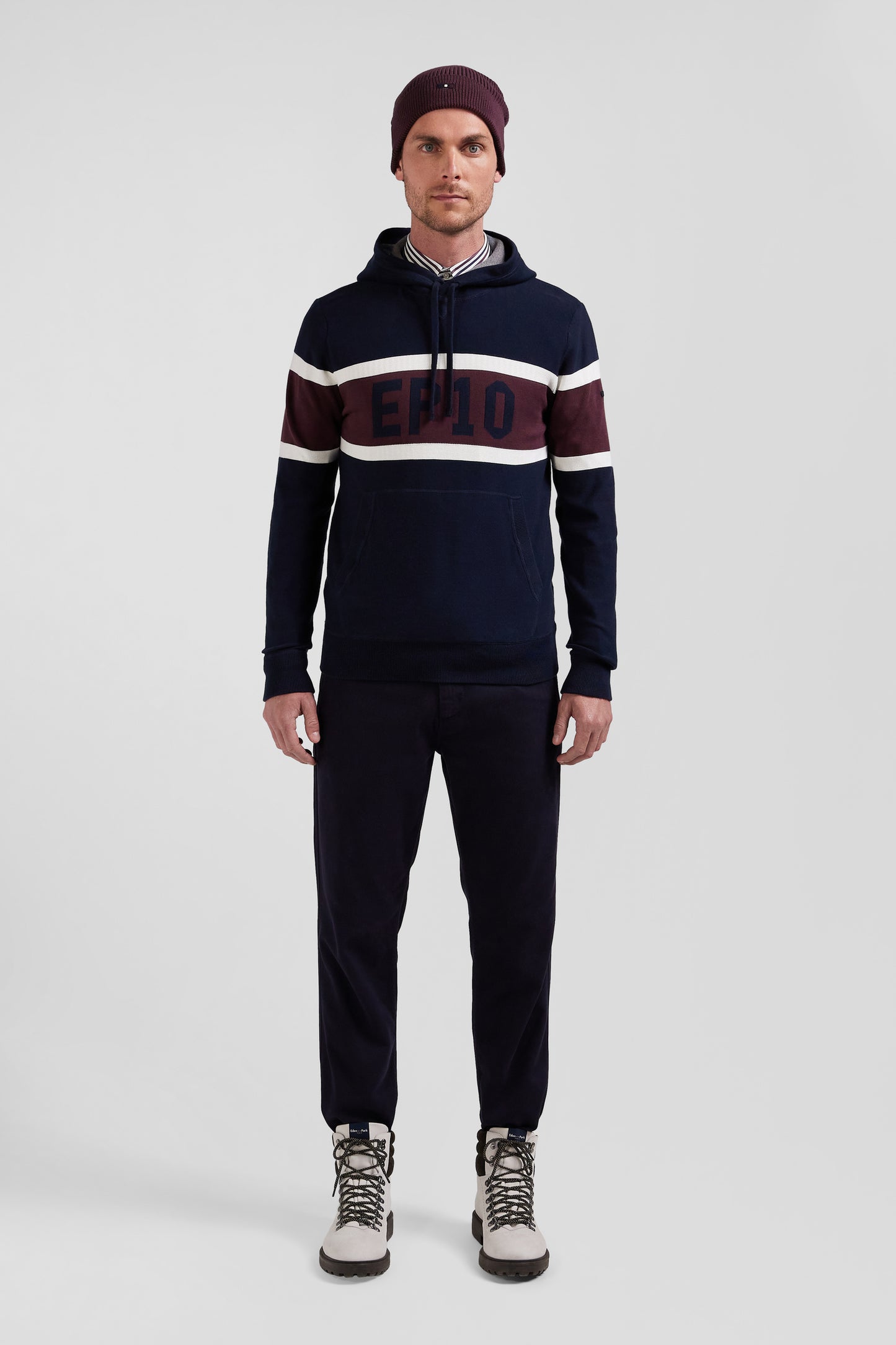 Regular navy blue hooded jumper with EP10 jacquard