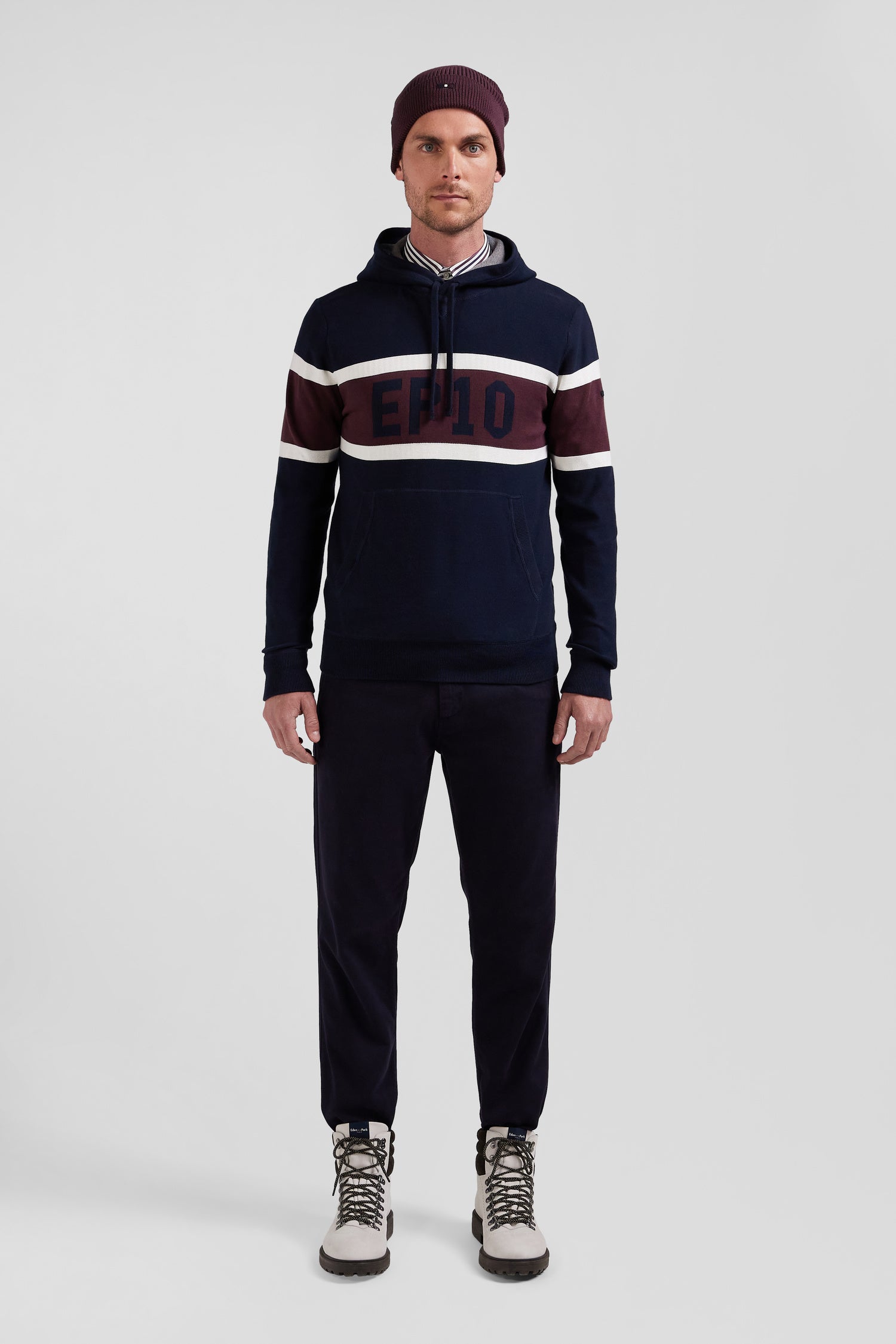 Regular navy blue hooded jumper with EP10 jacquard