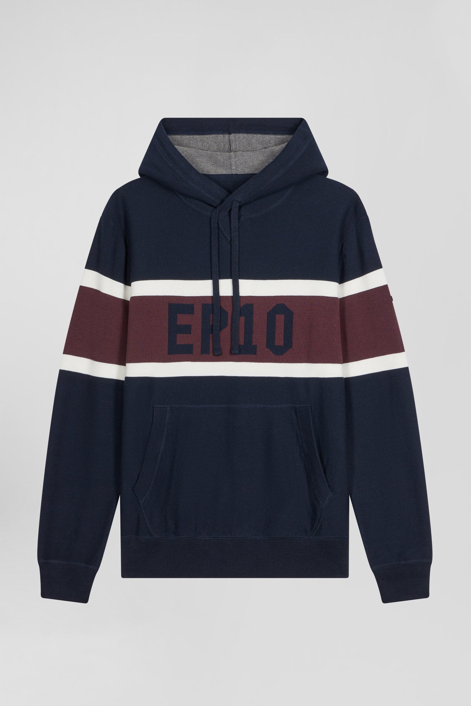 Regular navy blue hooded jumper with EP10 jacquard