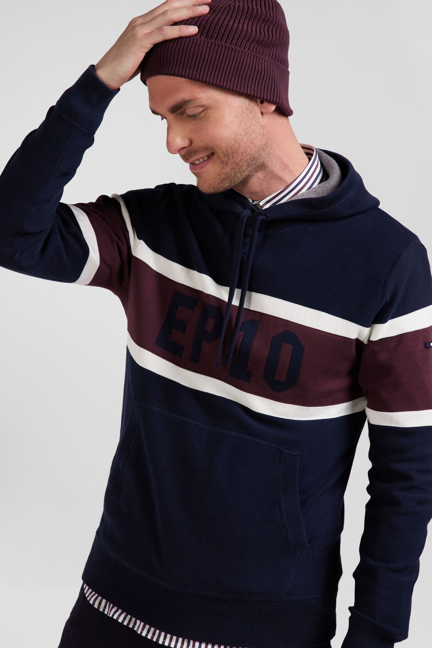 Regular navy blue hooded jumper with EP10 jacquard