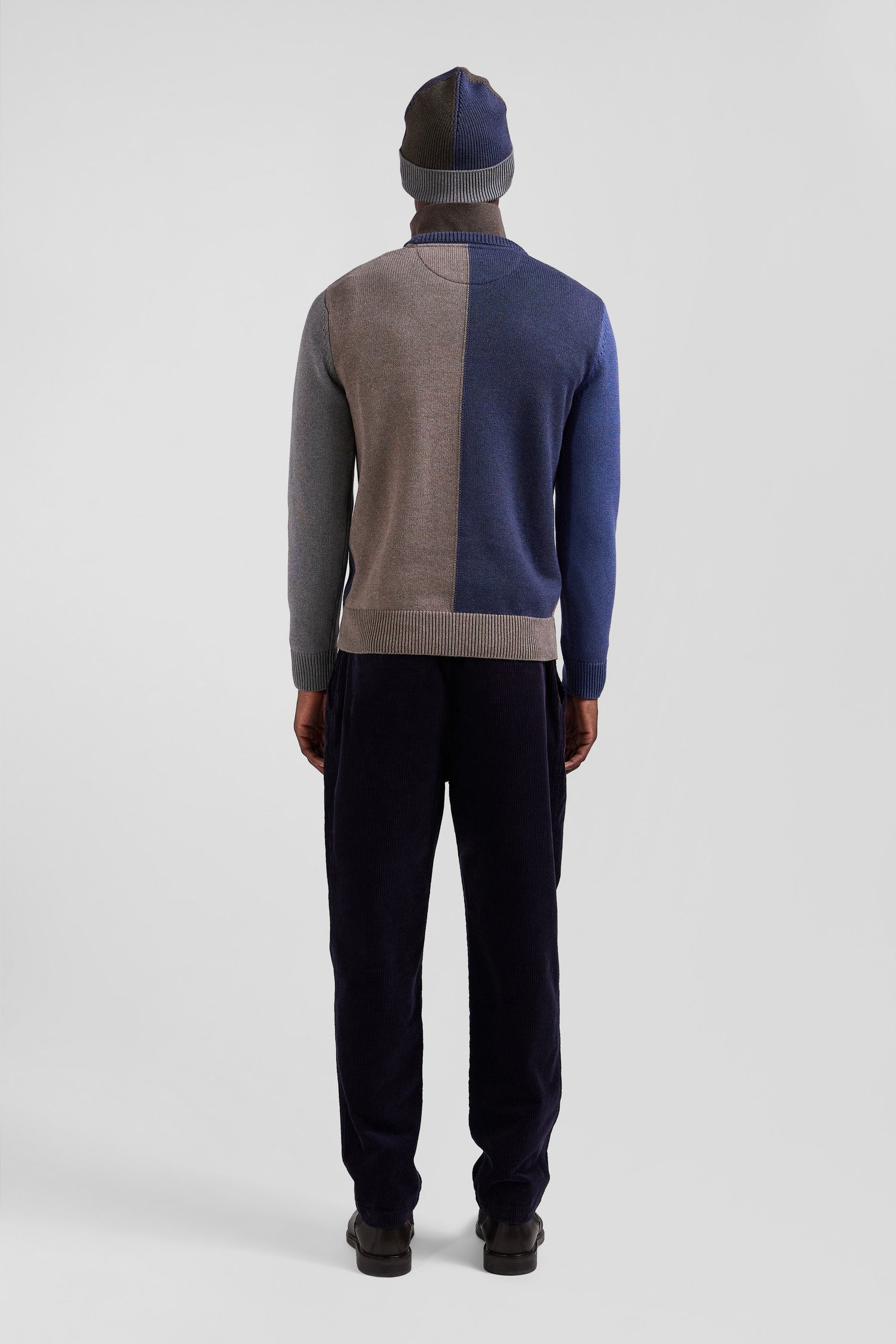 Regular navy and brown colourblock cotton crew neck jumper