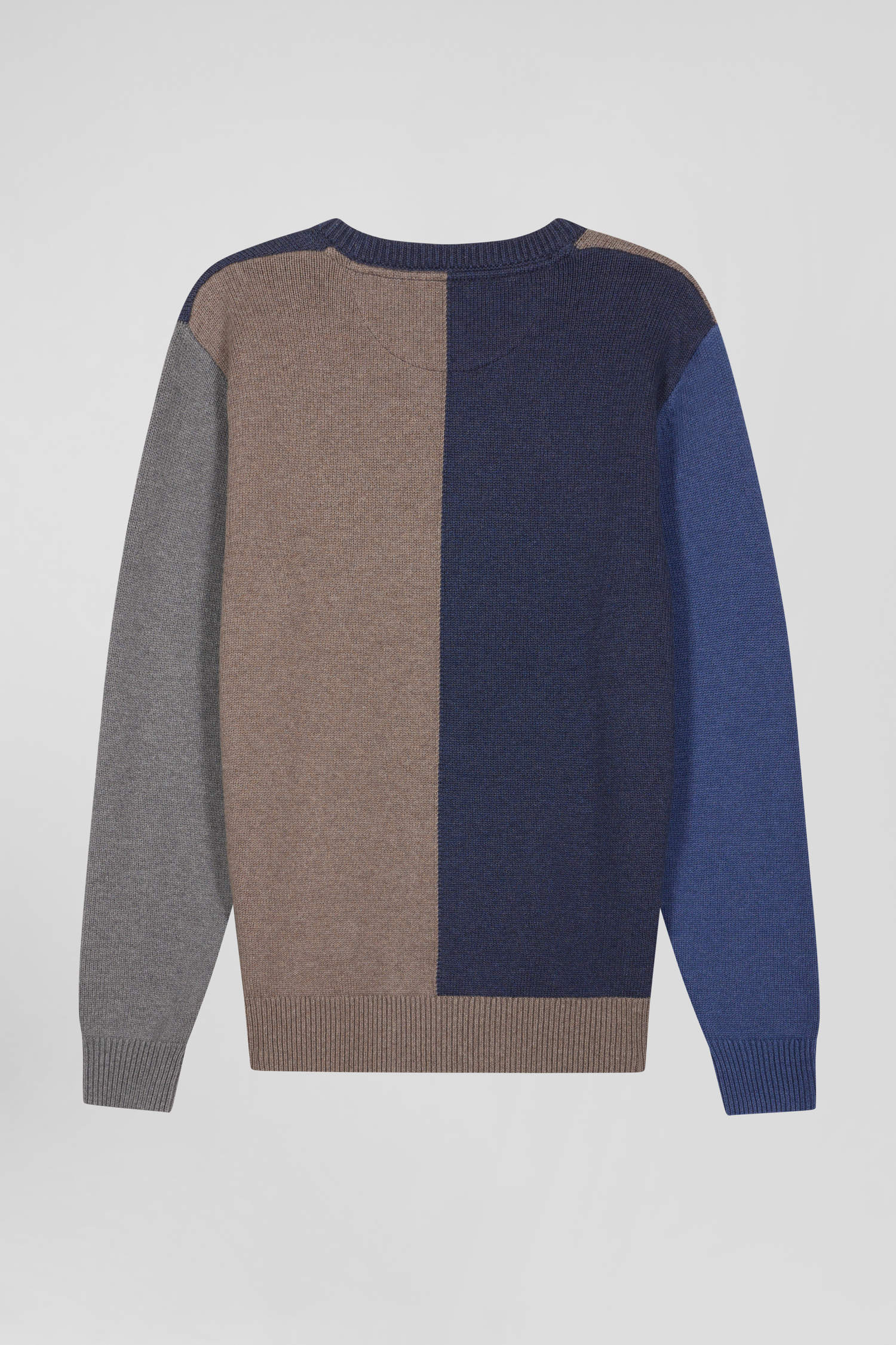 Regular navy and brown colourblock cotton crew neck jumper