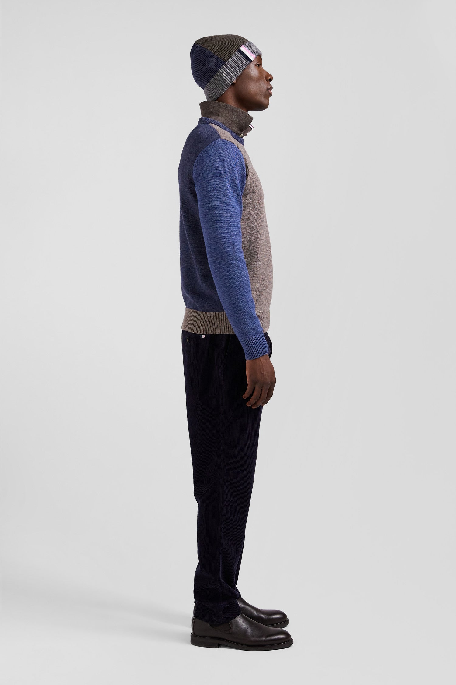 Regular navy and brown colourblock cotton crew neck jumper