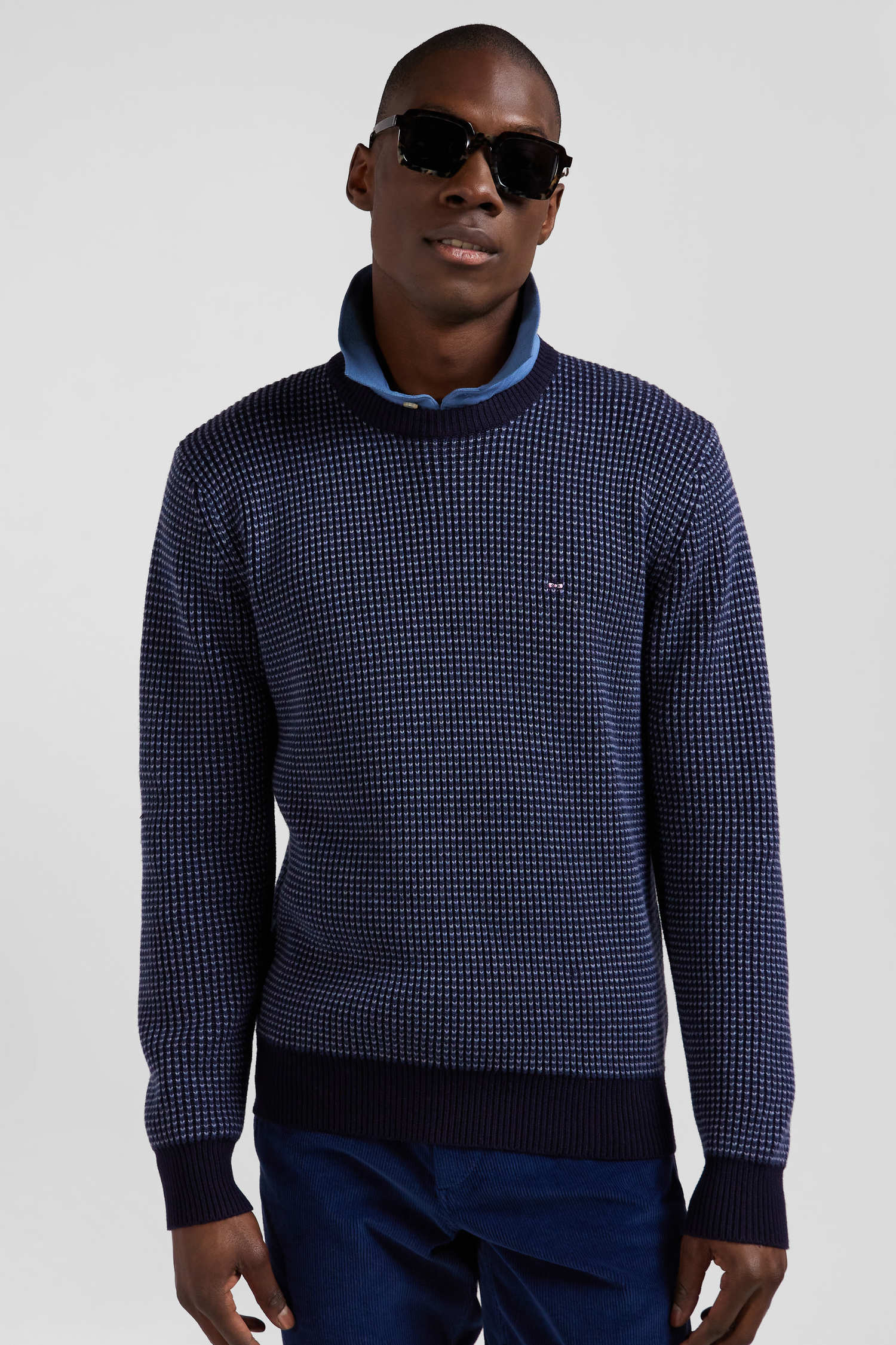 Regular navy wool and cotton crew neck jumper