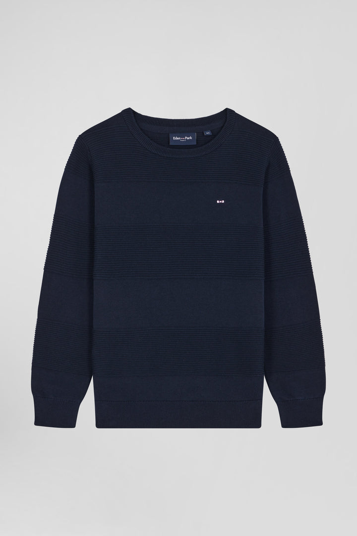 Pull col rond cerclé en coton bleu marine coupe Regular