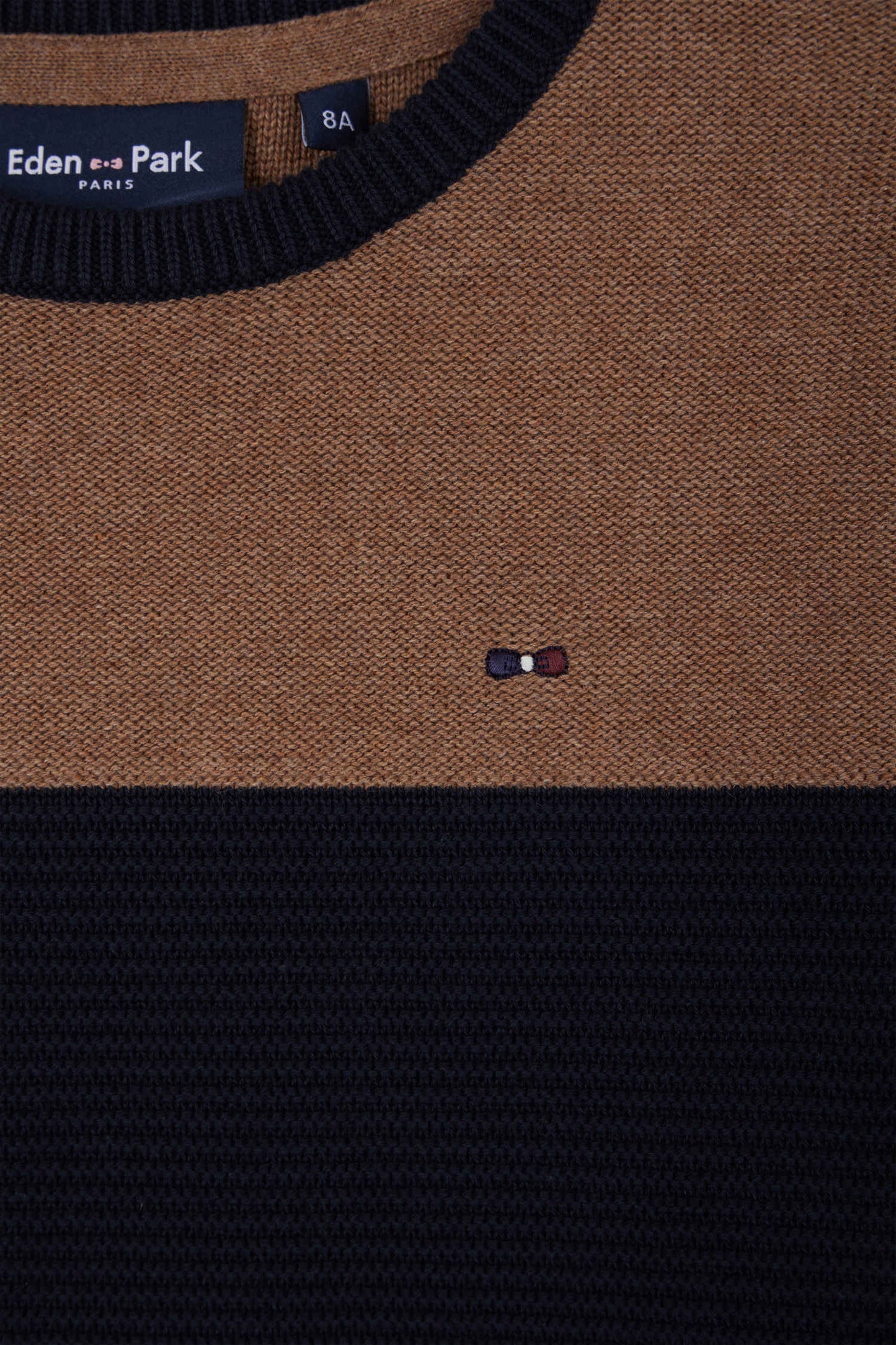 Three-tone round-neck sweater in hazelnut cotton, regular fit