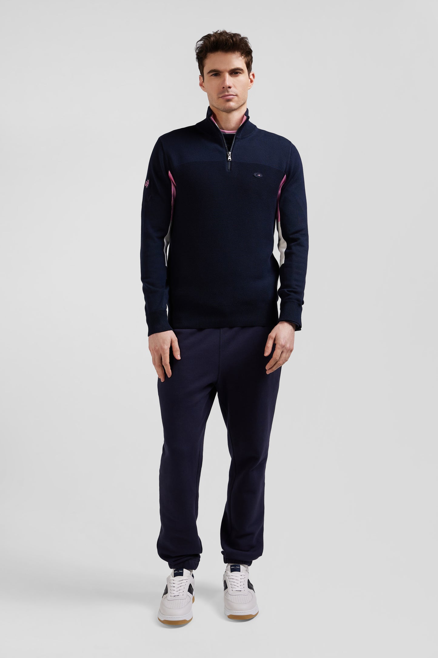 Regular navy blue XV de France cotton semi-zipped jumper