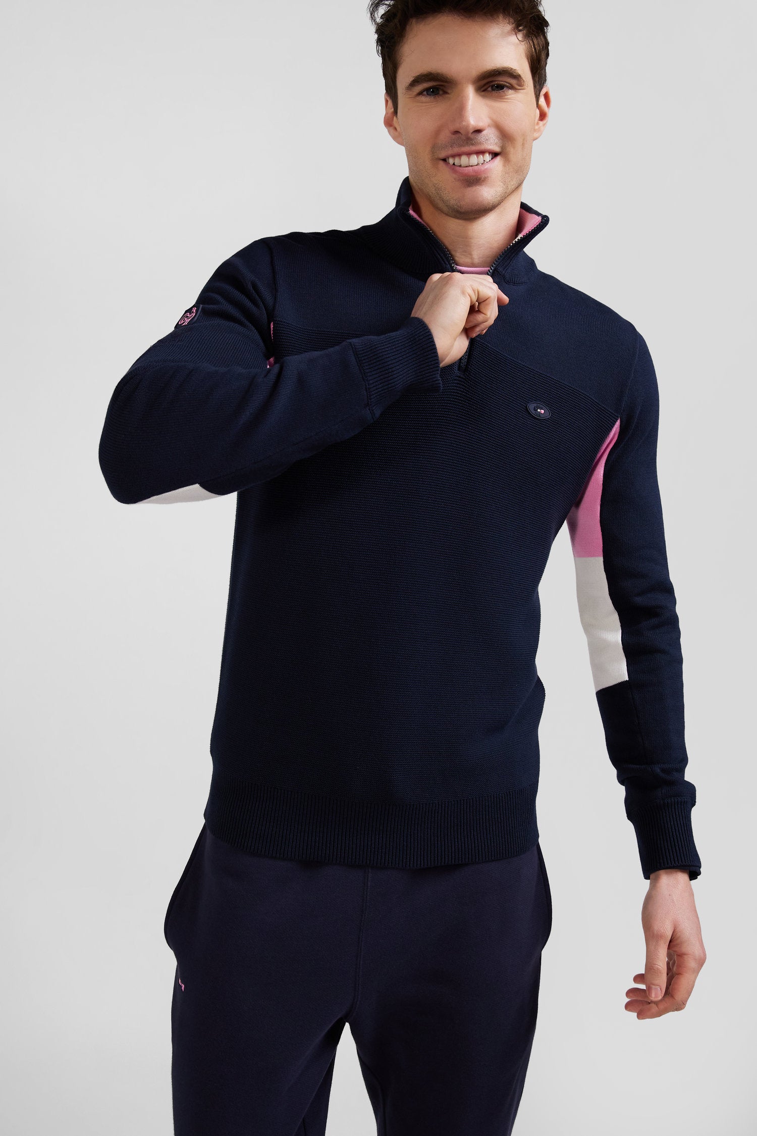 Regular navy blue XV de France cotton semi-zipped jumper