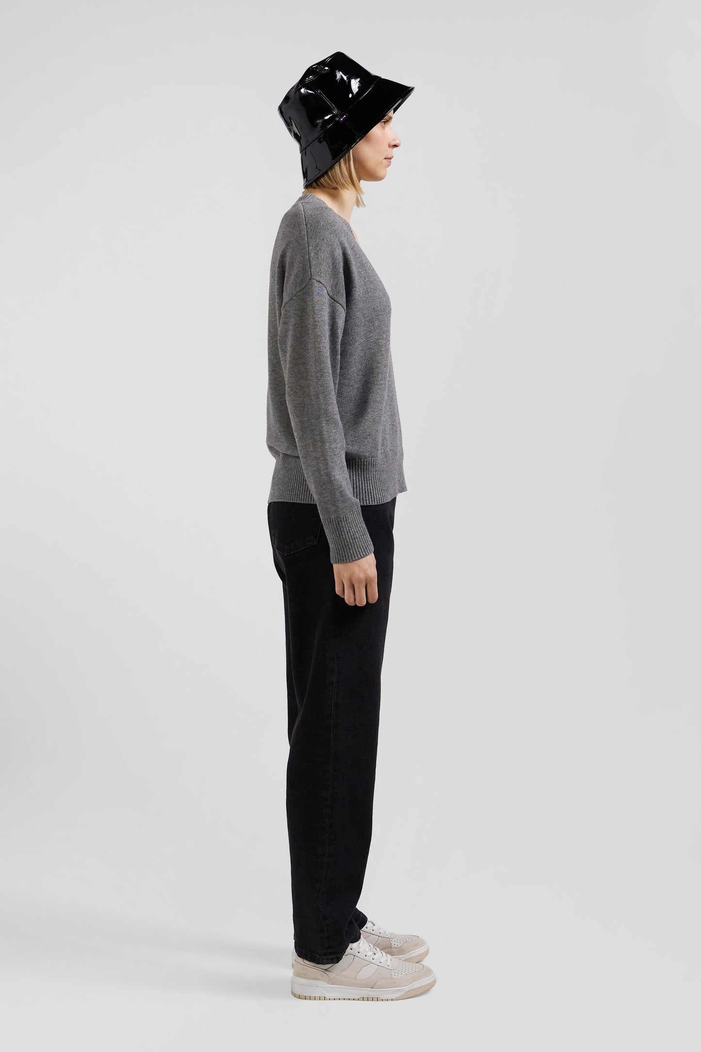 Charcoal grey wool and cotton V-neck Relaxed fit sweater