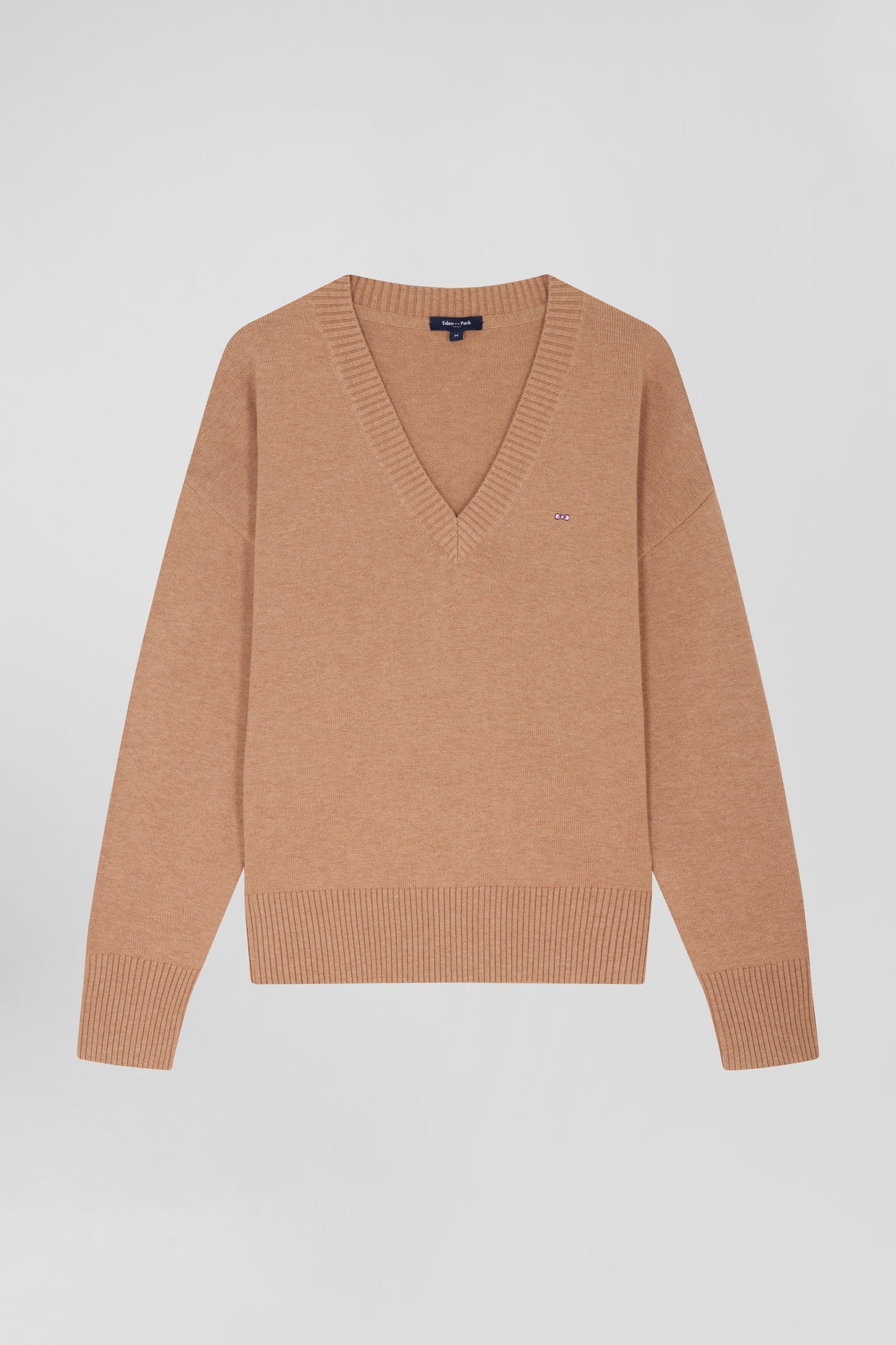 Pull col V en laine et coton camel coupe Relaxed