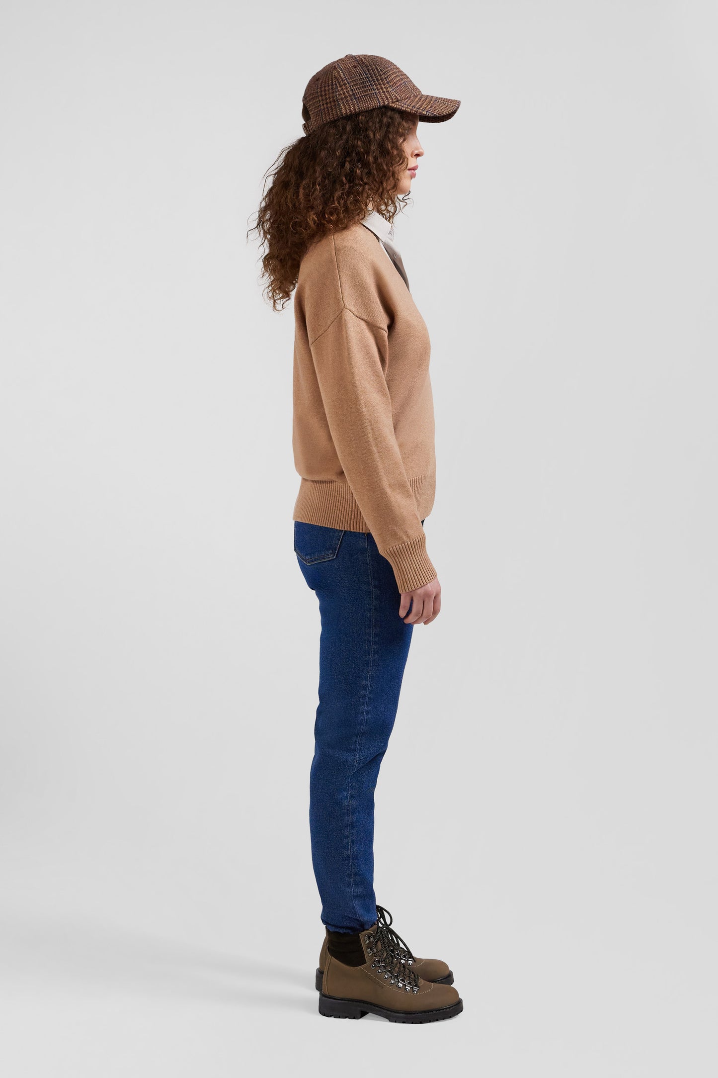 Pull col V en laine et coton camel coupe Relaxed