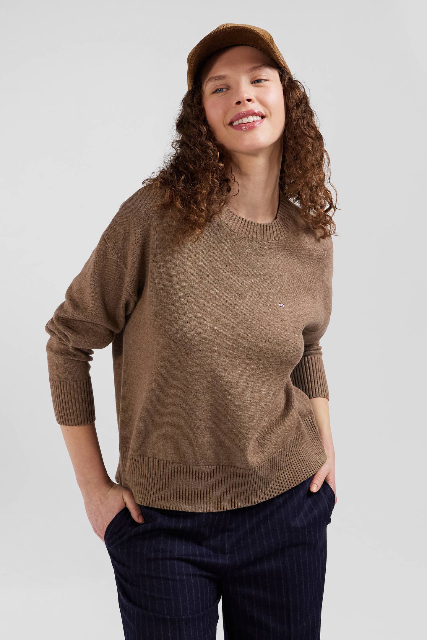 Pull col rond en laine et coton marron coupe Relaxed