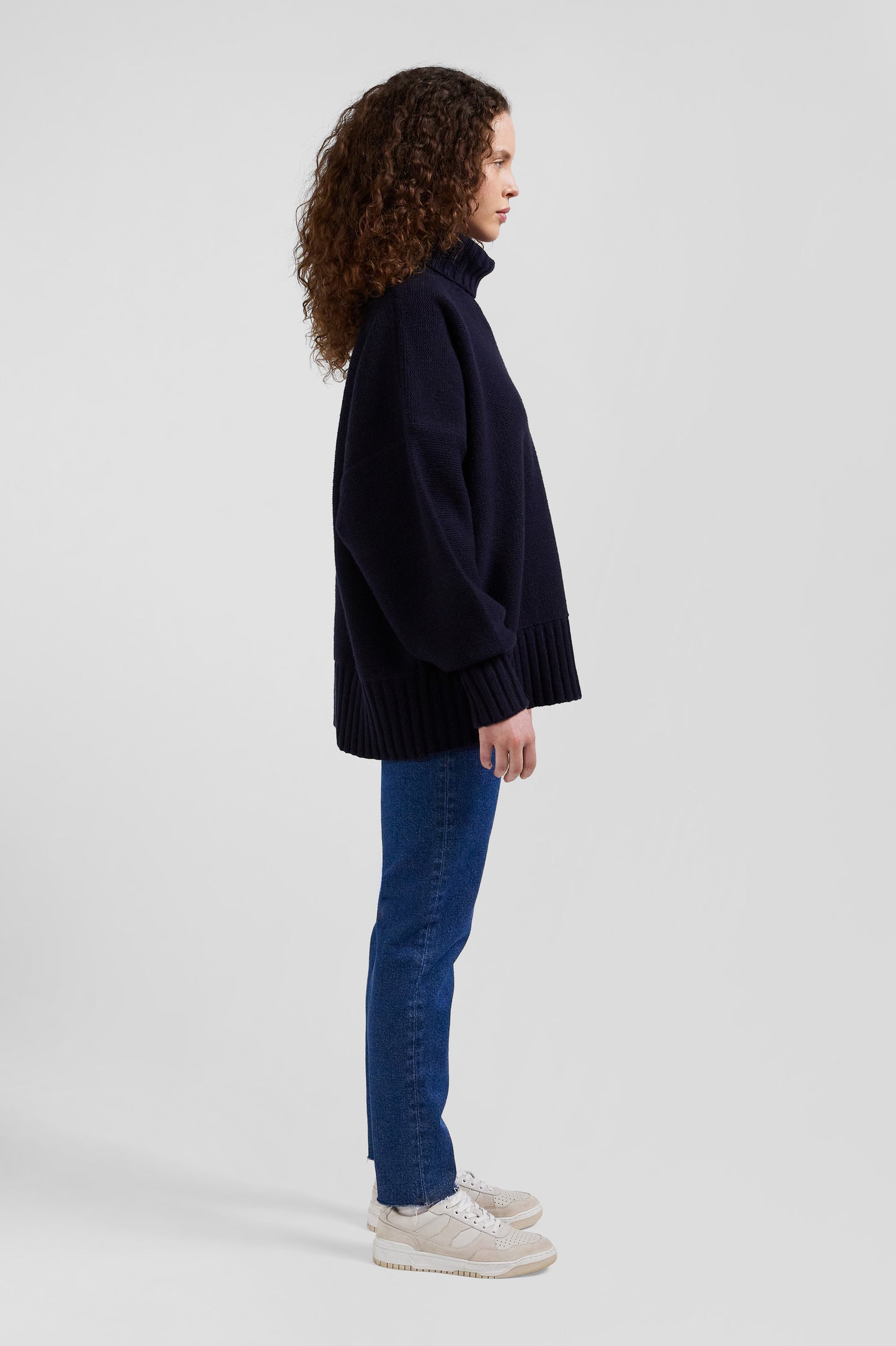 Oversize navy blue wool blend turtleneck jumper