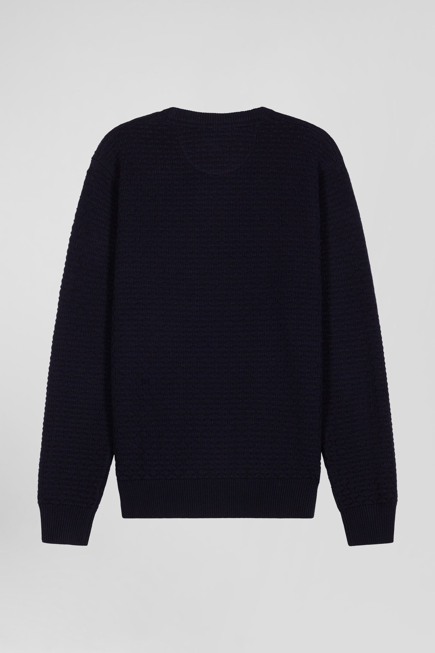 Regular navy blue wool and cotton crew neck jumper with micro bow tie effect