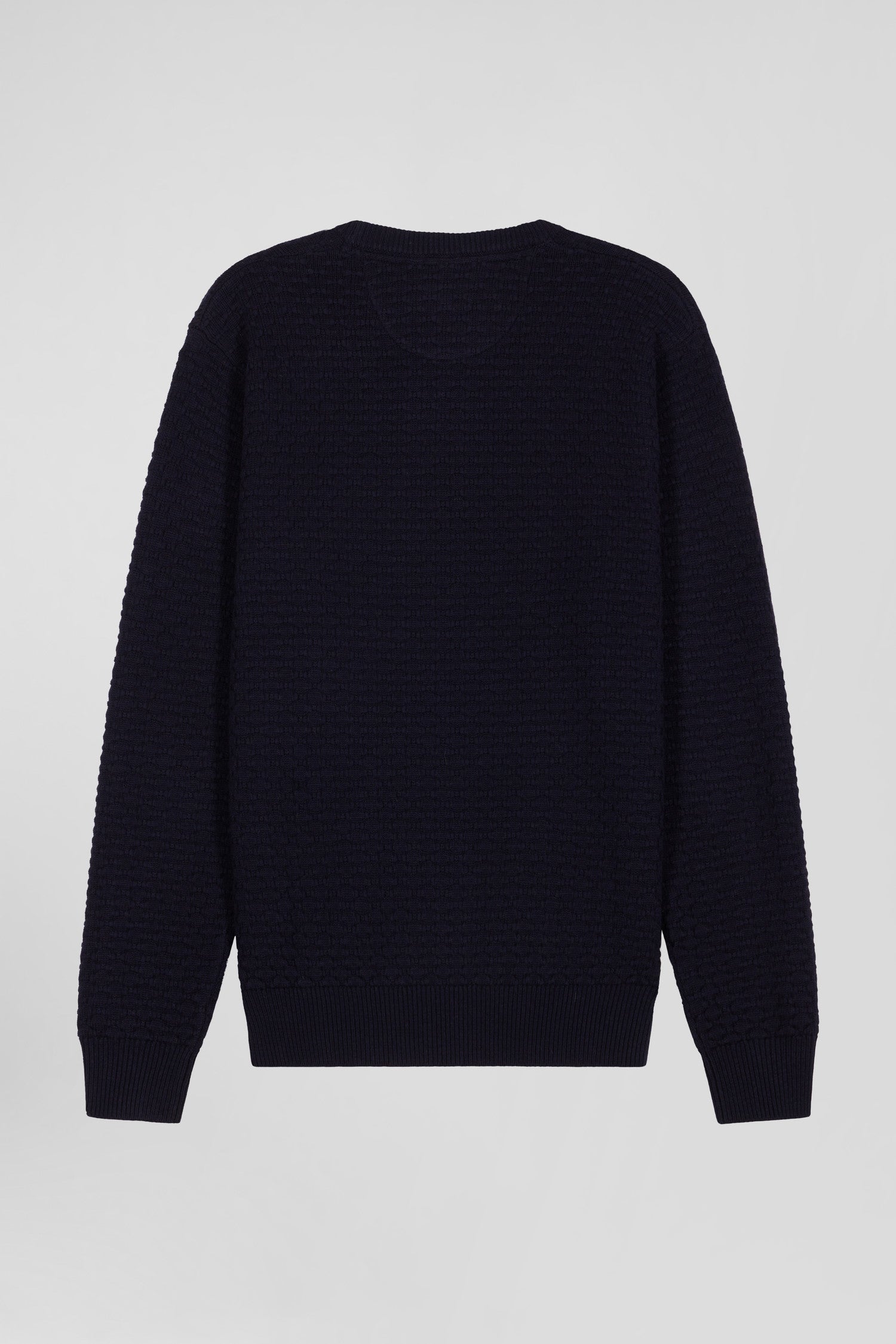 Regular navy blue wool and cotton crew neck jumper with micro bow tie effect