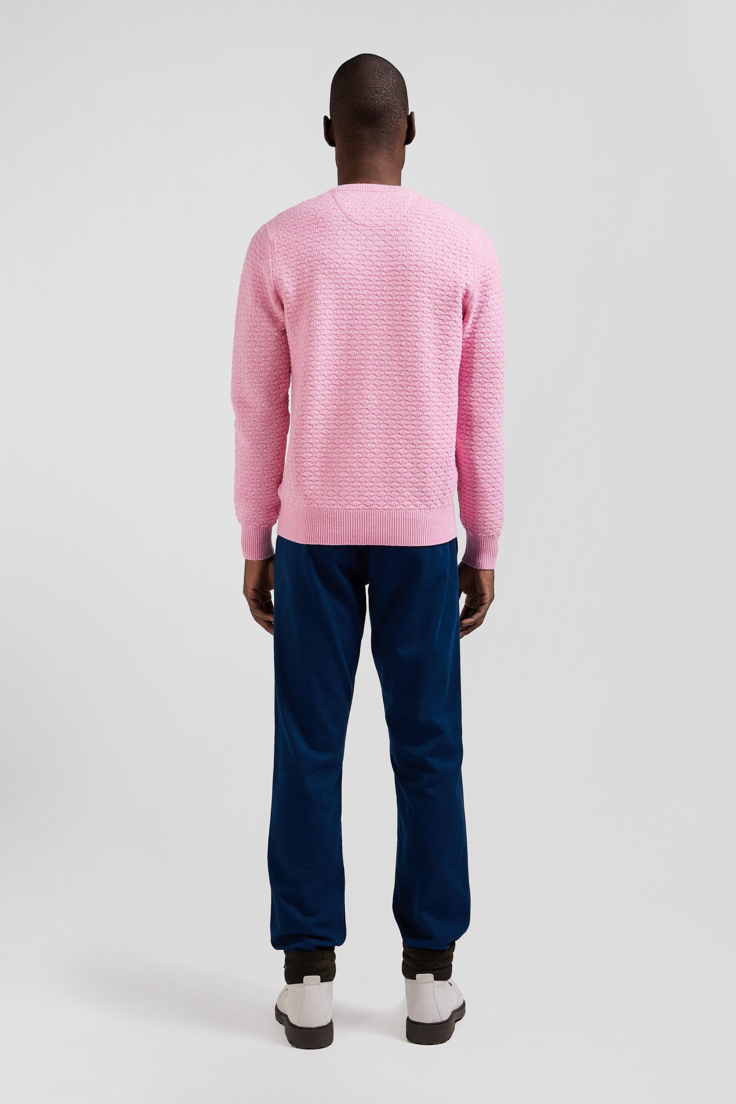 Regular pink wool and cotton crew neck jumper with micro bow tie effect