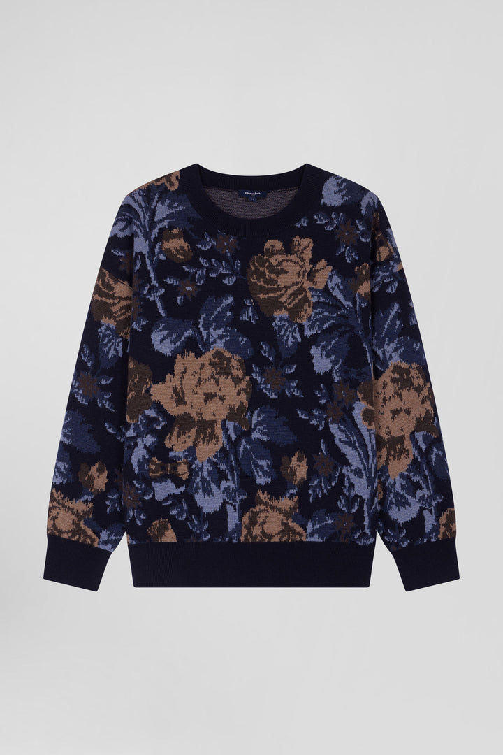 Pull col rond en laine et coton marine à motifs floraux coupe Oversized