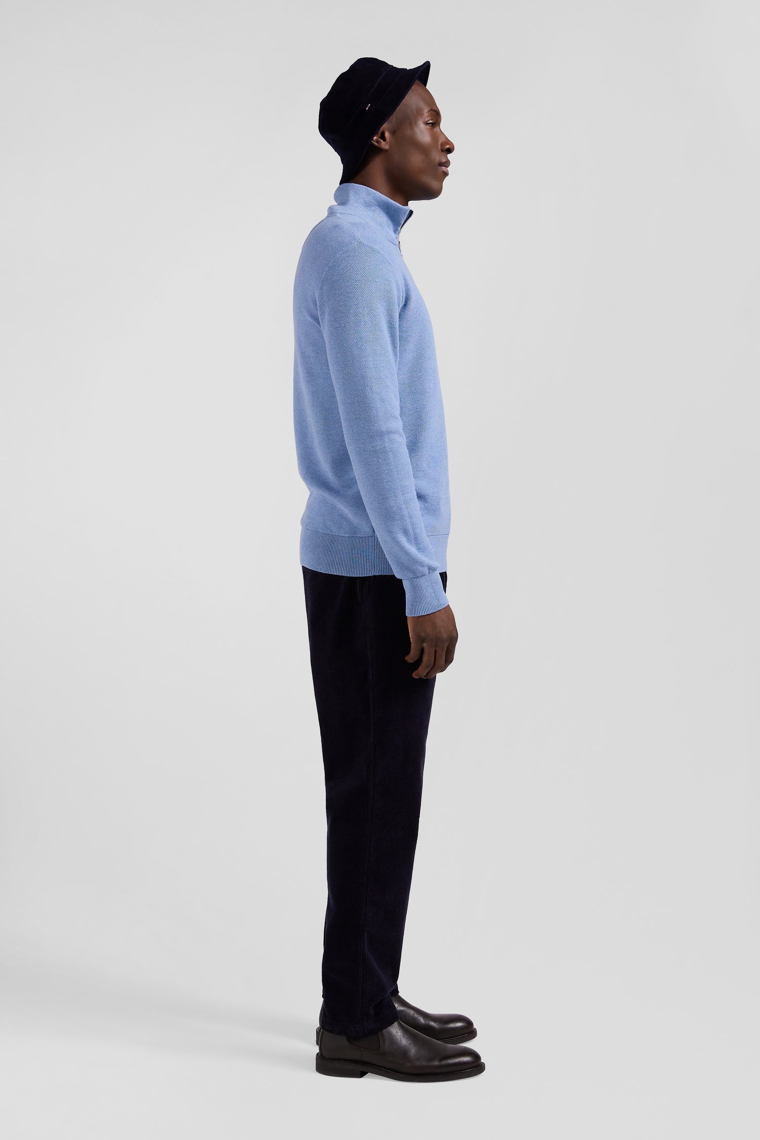 Regular sky blue cotton semi-zipped jumper