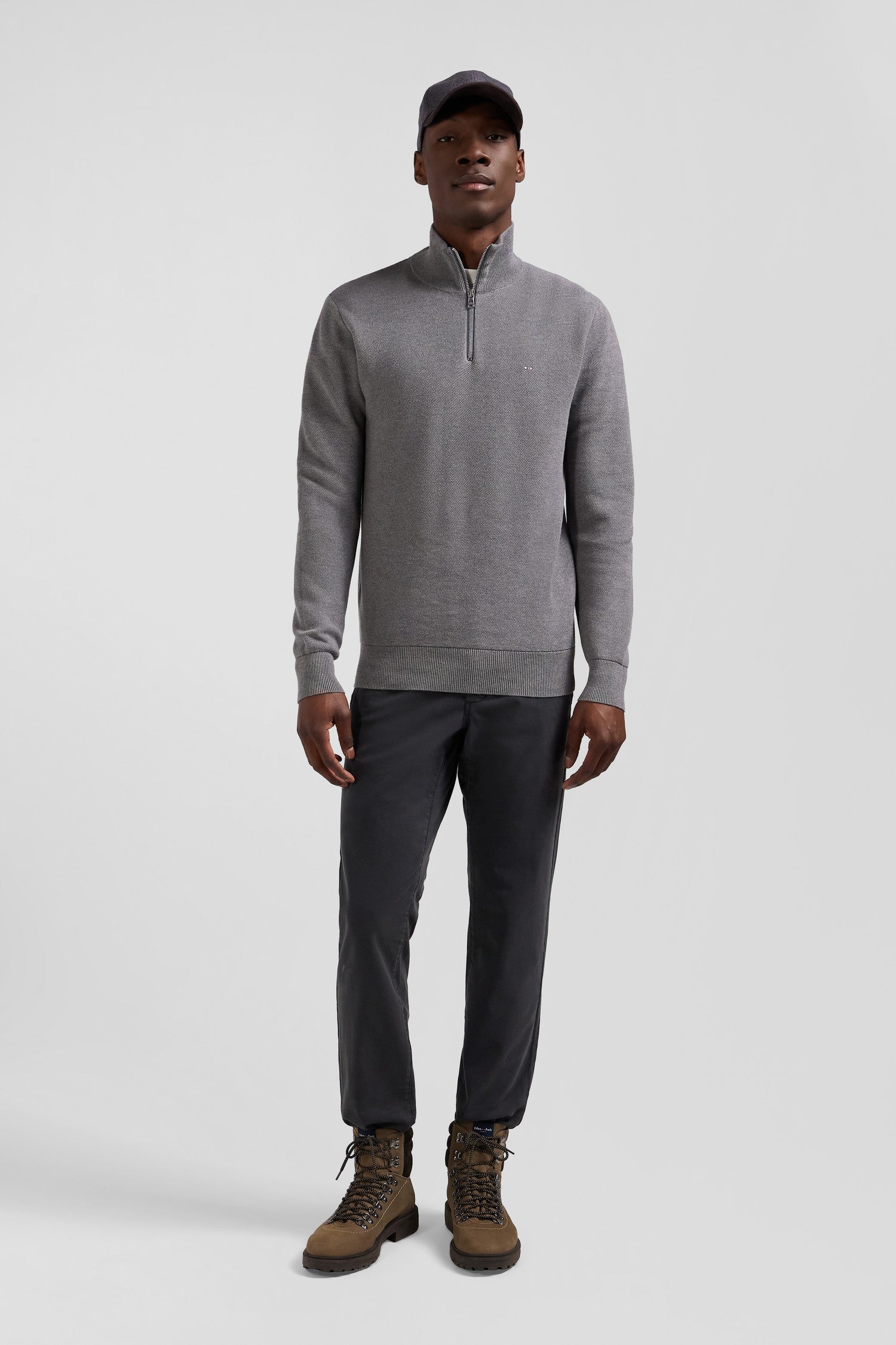 Regular grey cotton semi-zipped jumper