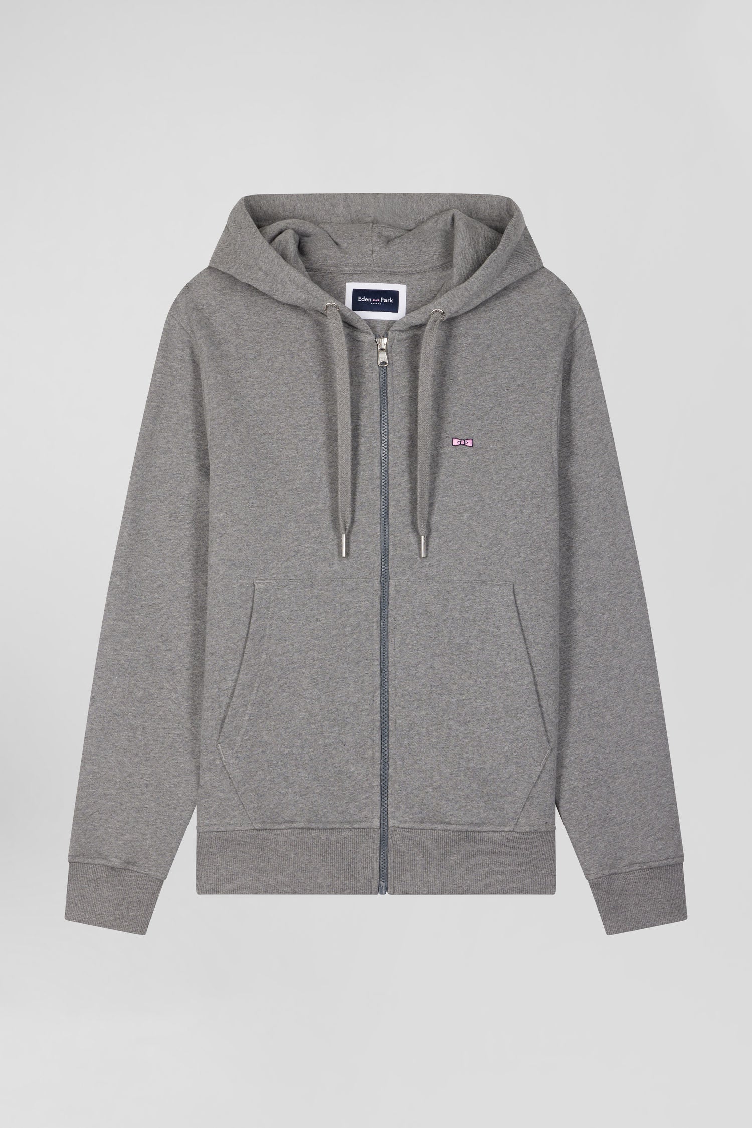 Regular grey zipped brushed cotton fleece hoodie