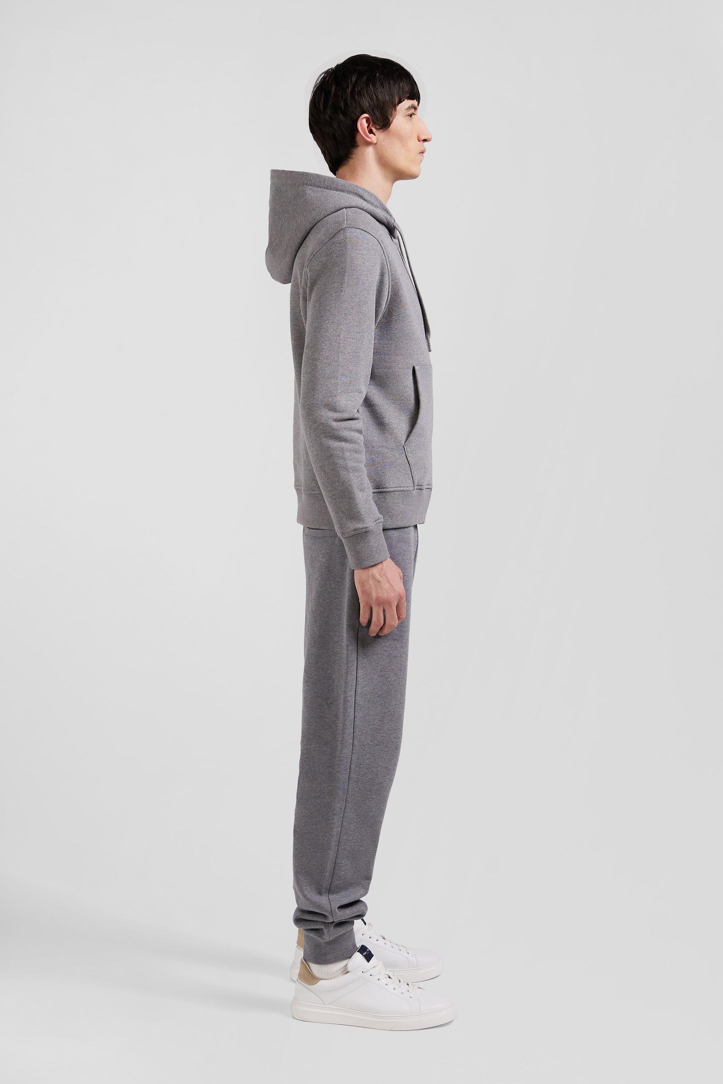 Regular grey zipped brushed cotton fleece hoodie