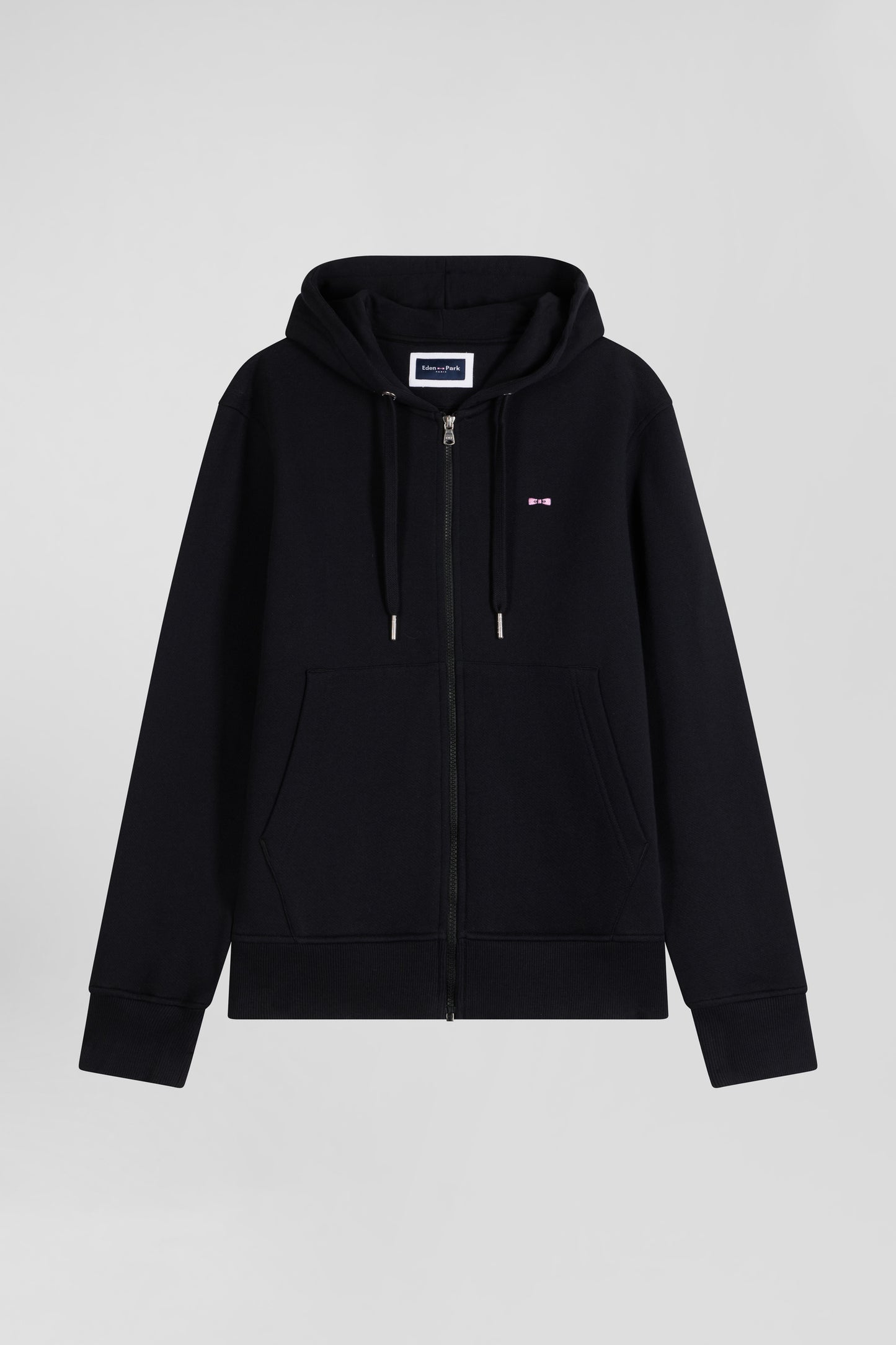 Regular black zipped brushed cotton fleece hoodie