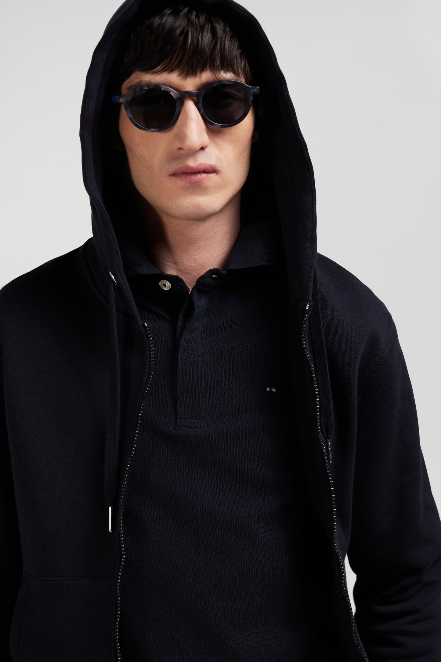 Regular black zipped brushed cotton fleece hoodie