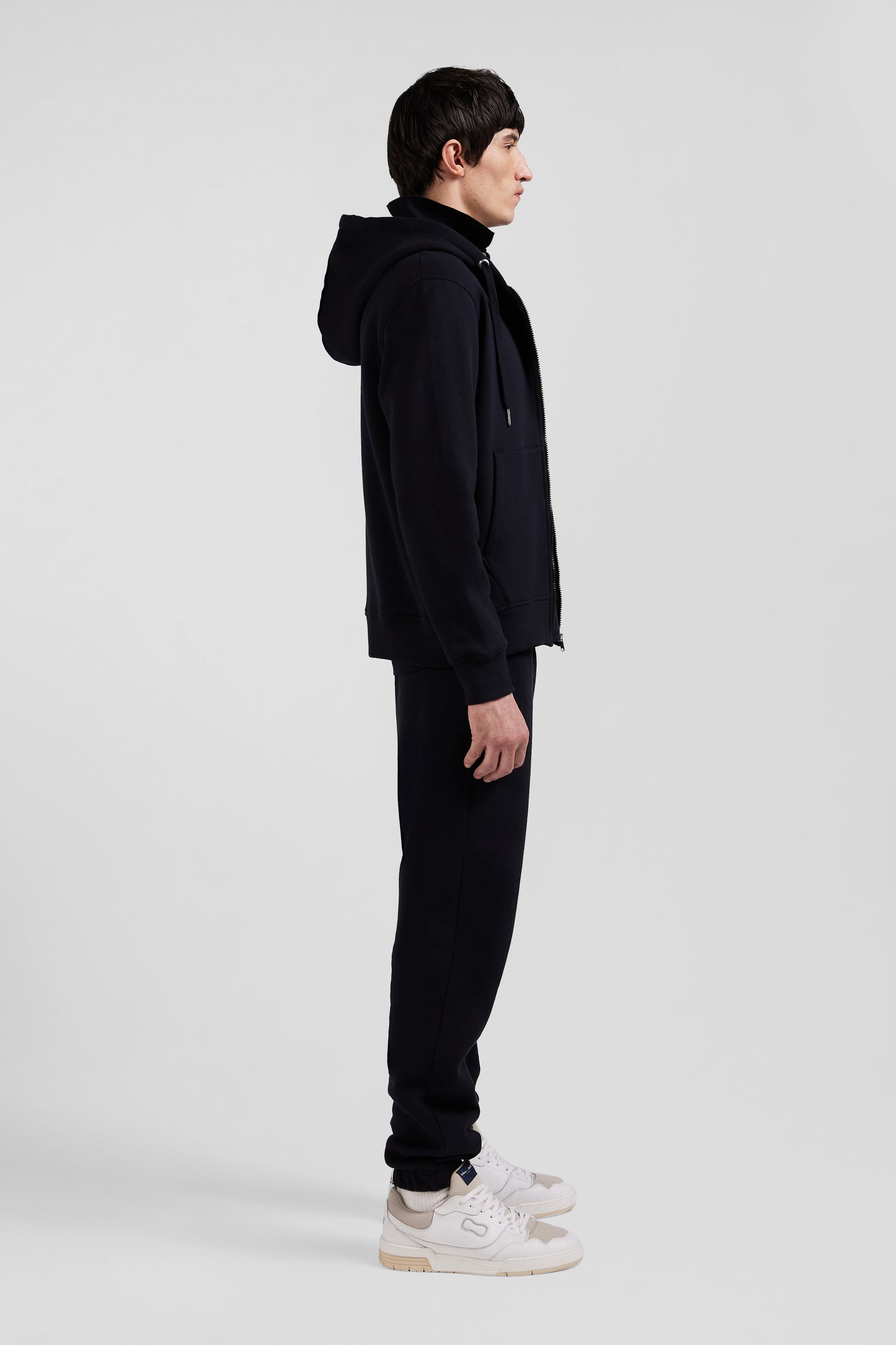 Regular black zipped brushed cotton fleece hoodie