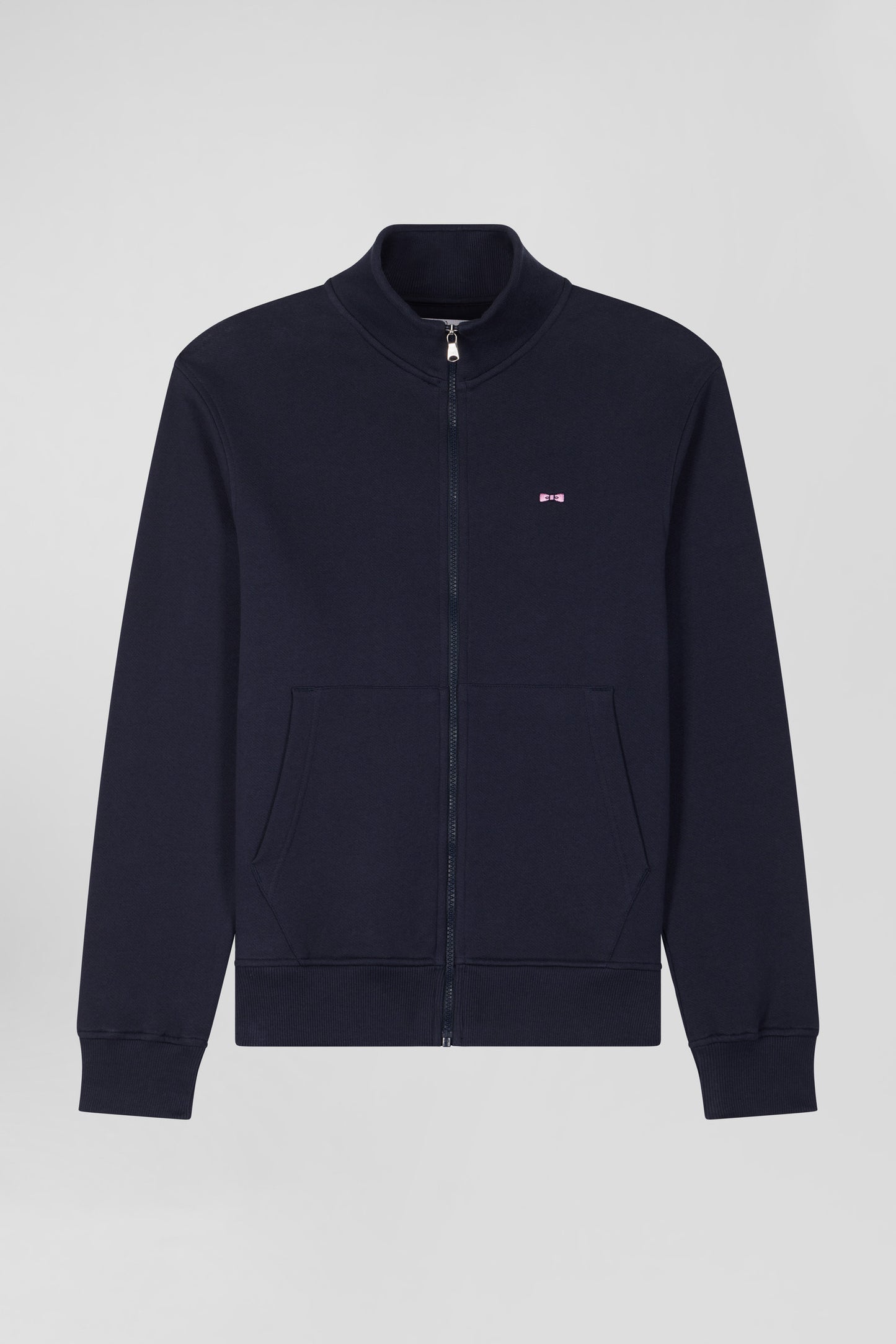 Regular navy zipped brushed cotton fleece with high top collar