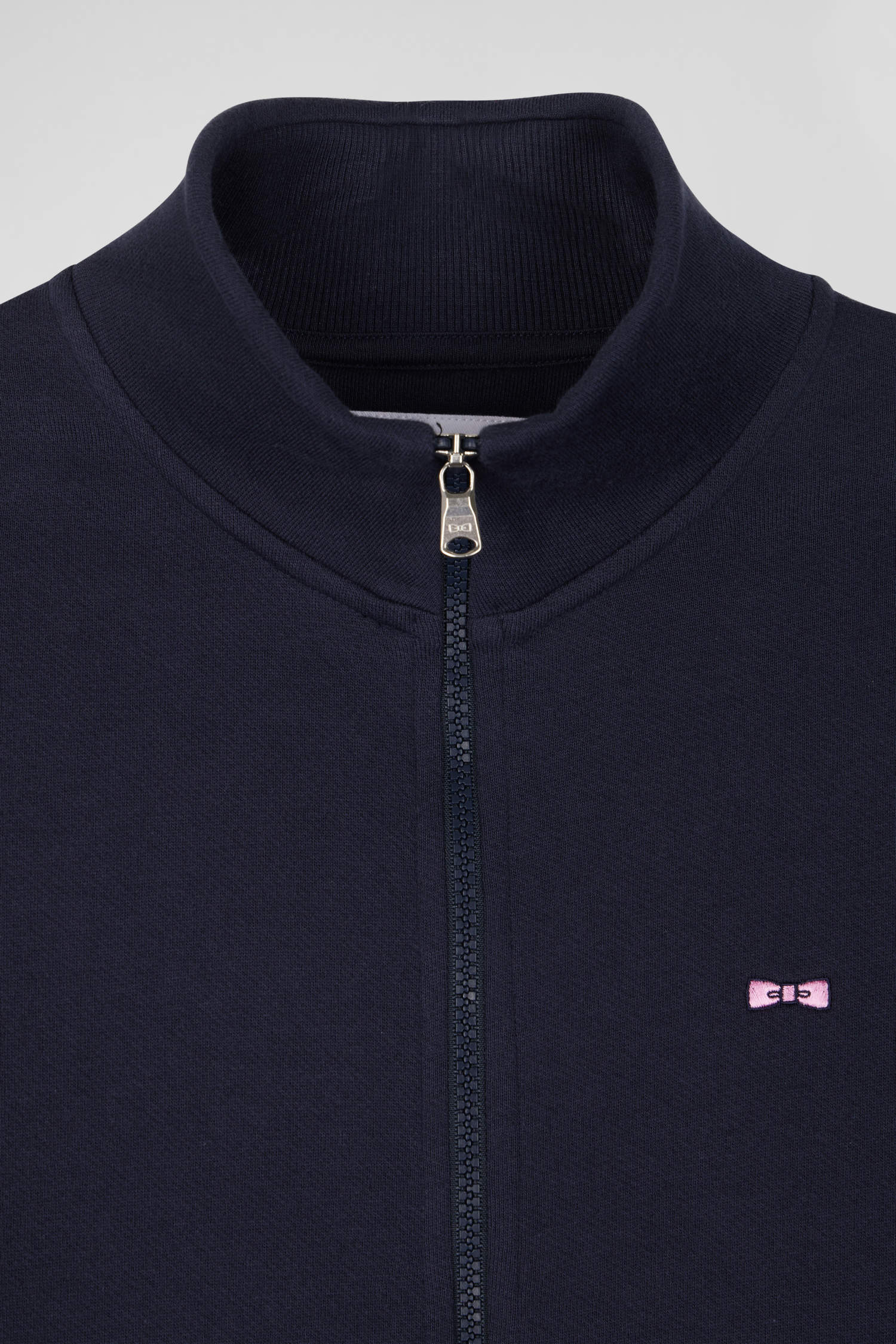 Regular navy zipped brushed cotton fleece with high top collar