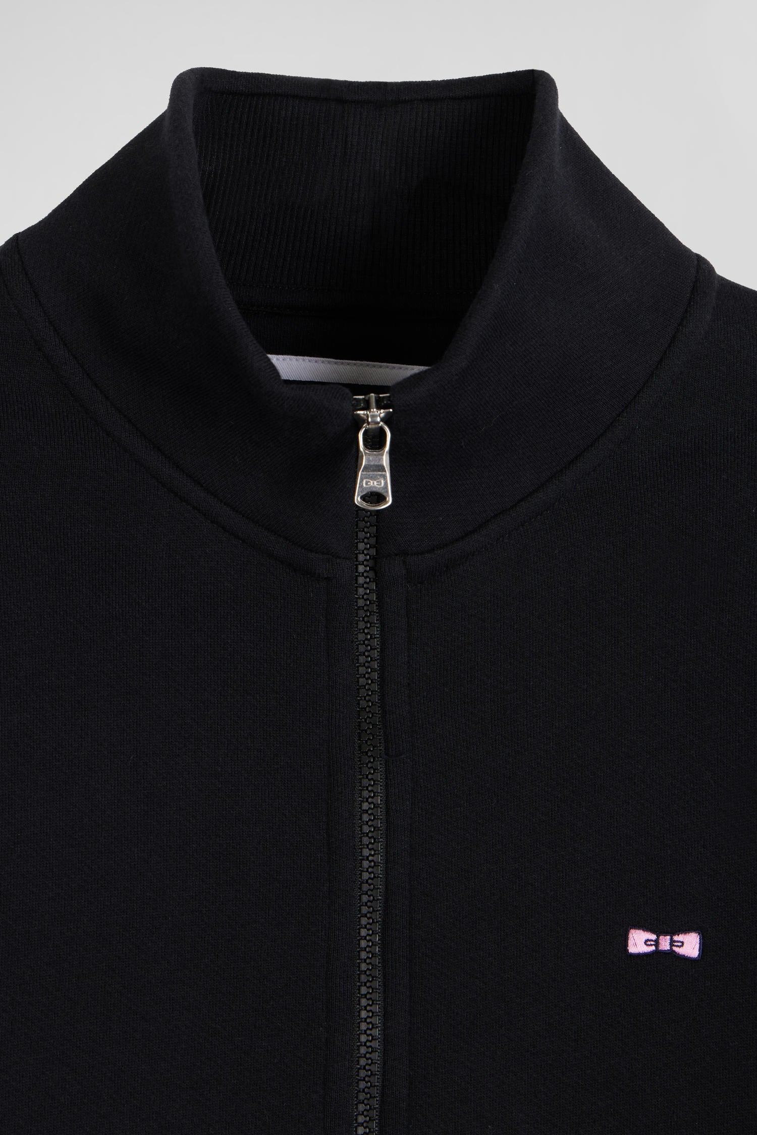 Sweatshirt zippé à col montant en molleton coton uni noir coupe Regular